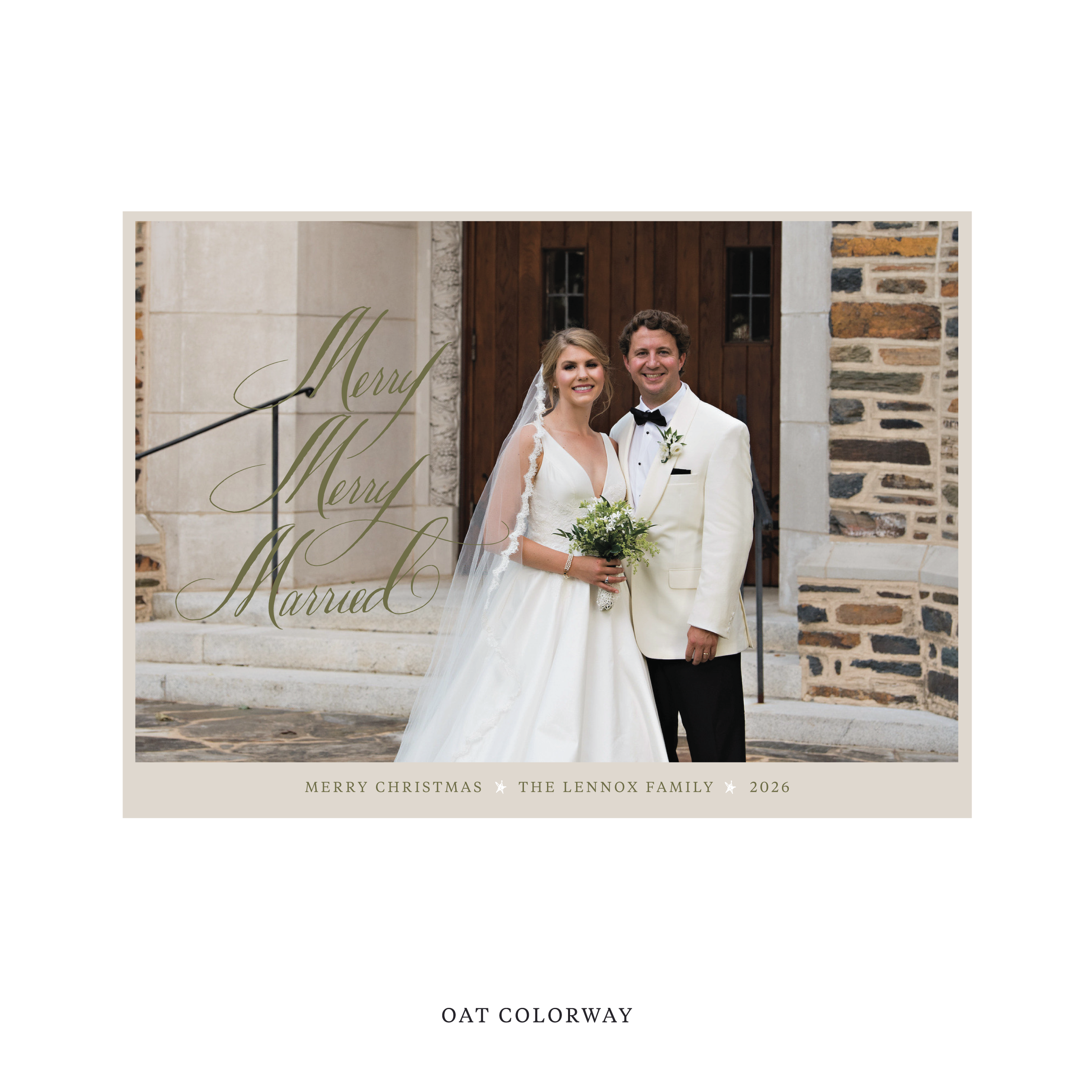 Celebrate the season with the Lennox "Merry Merry Married" Holiday Card by Stovall Collection. Featuring original hand-lettered artwork, this luxury personalized photo mount holiday card is available in 22 thoughtfully curated flat printing colorways.