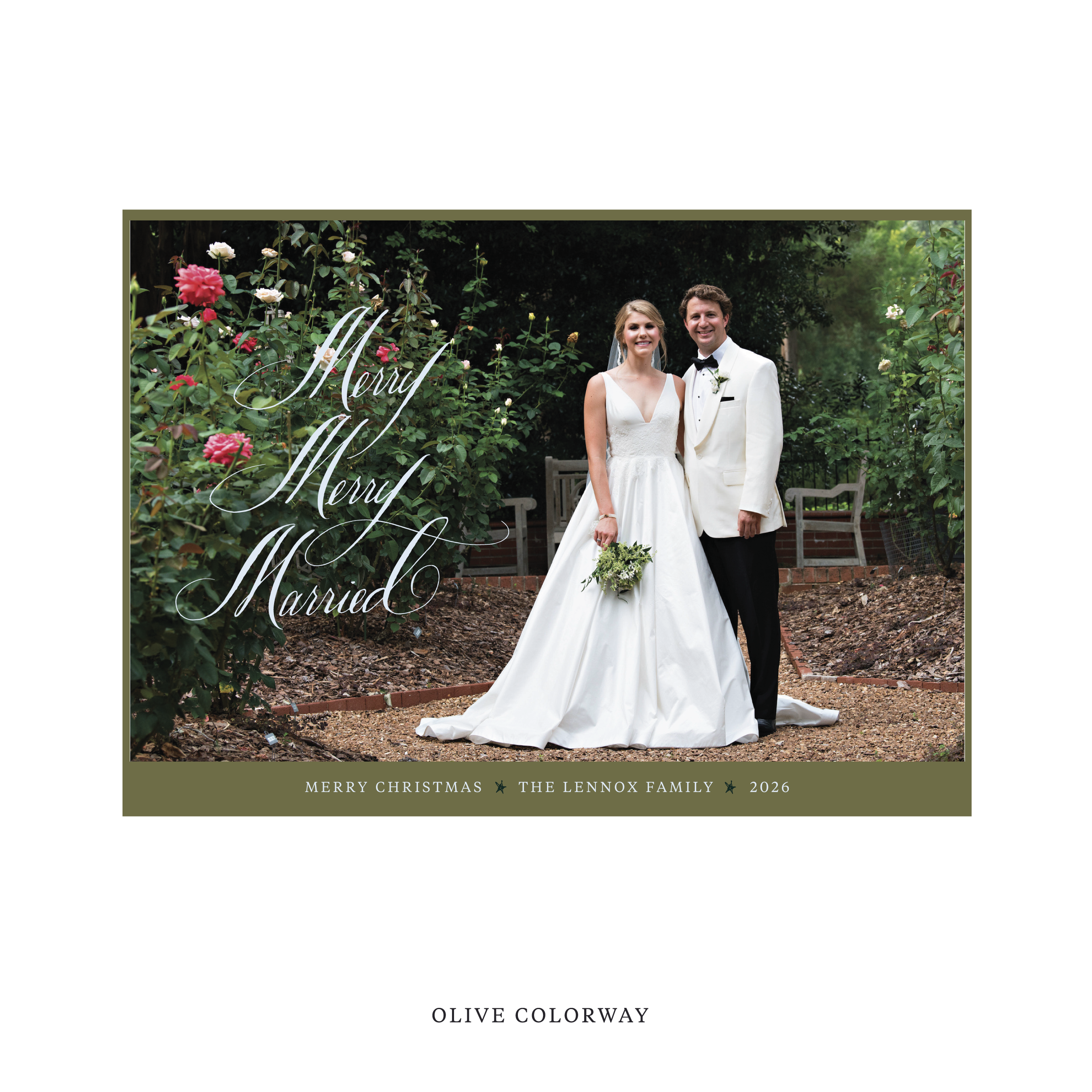 Celebrate the season with the Lennox "Merry Merry Married" Holiday Card by Stovall Collection. Featuring original hand-lettered artwork, this luxury personalized photo mount holiday card is available in 22 thoughtfully curated flat printing colorways.