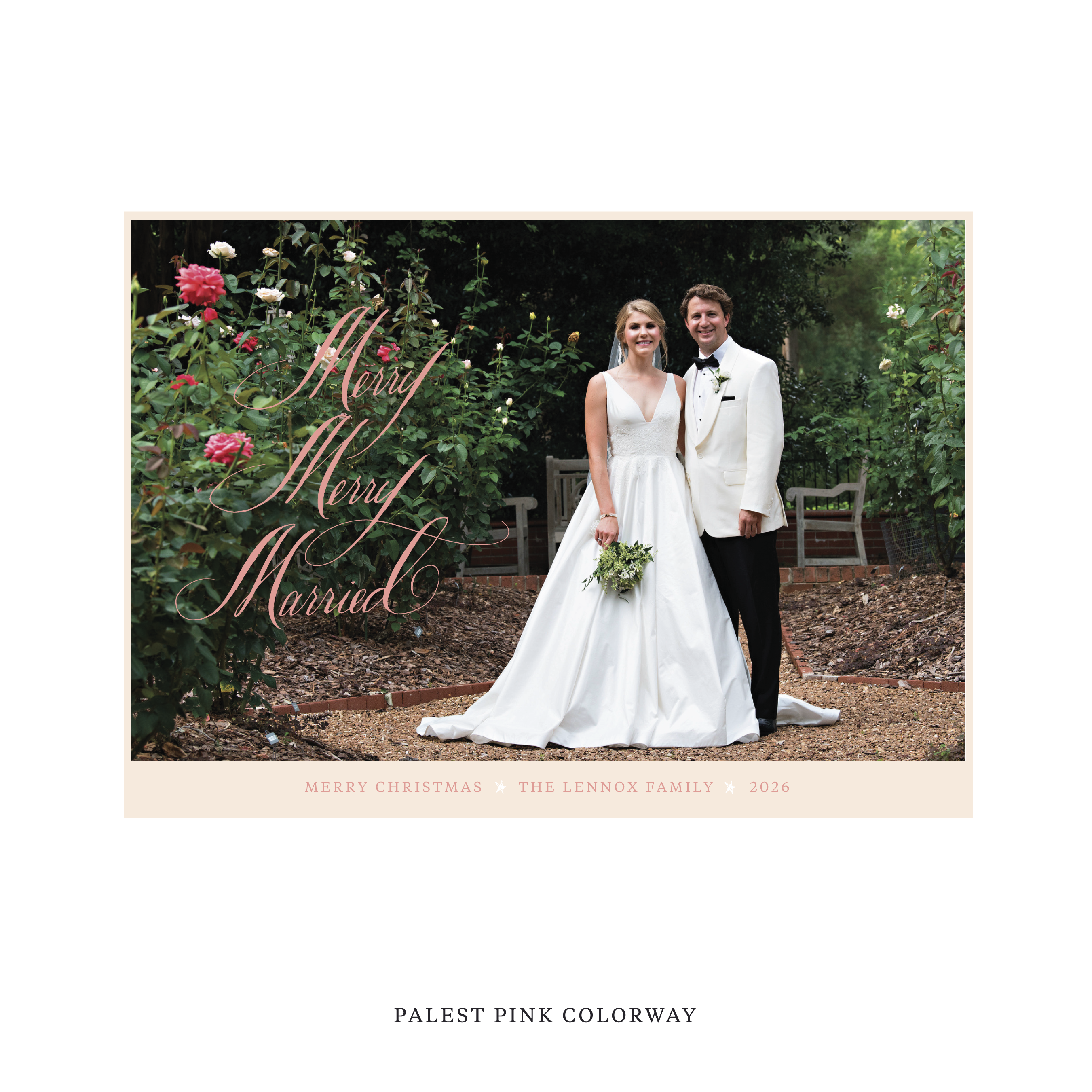 Celebrate the season with the Lennox "Merry Merry Married" Holiday Card by Stovall Collection. Featuring original hand-lettered artwork, this luxury personalized photo mount holiday card is available in 22 thoughtfully curated flat printing colorways.