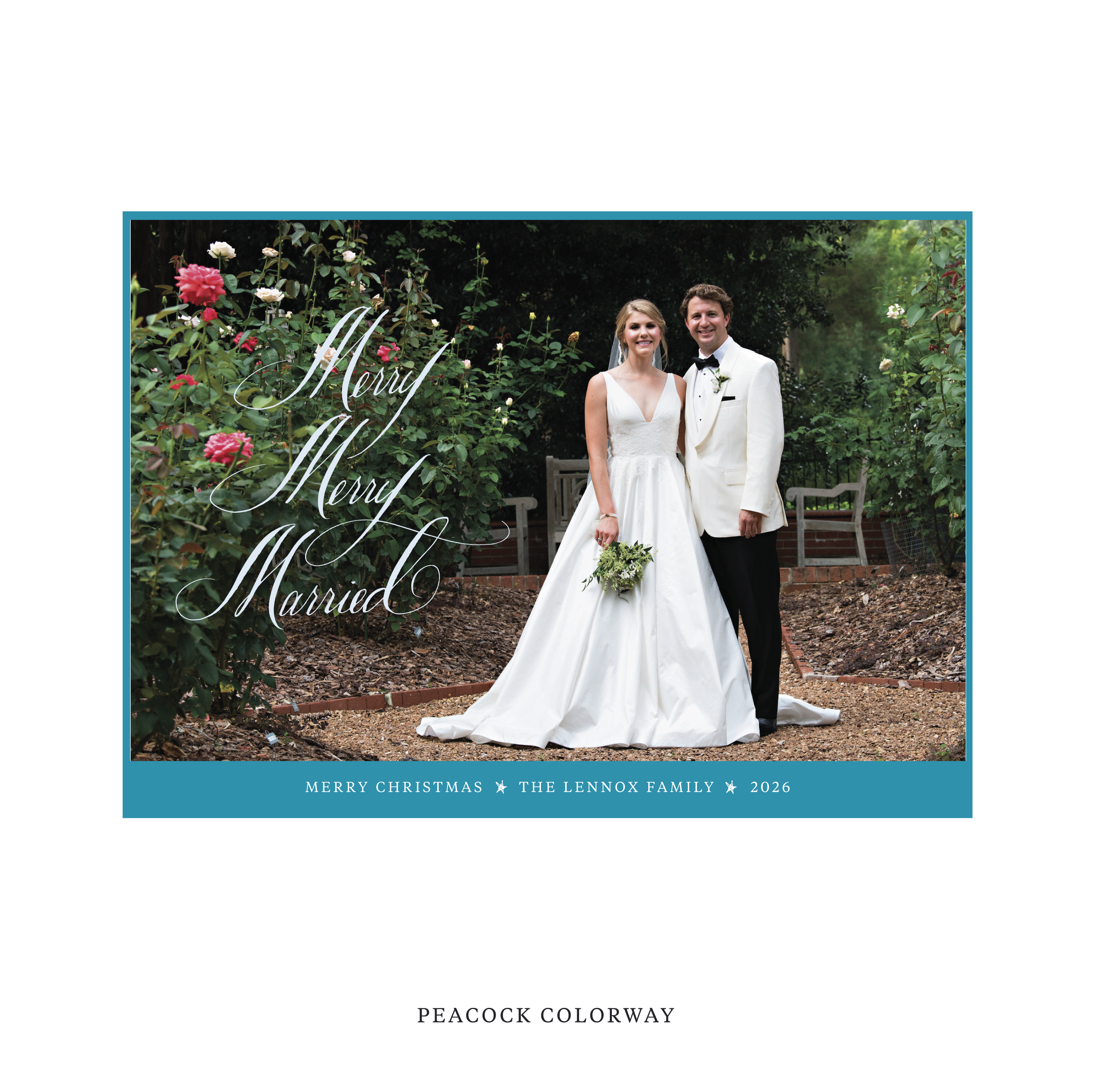 Celebrate the season with the Lennox "Merry Merry Married" Holiday Card by Stovall Collection. Featuring original hand-lettered artwork, this luxury personalized photo mount holiday card is available in 22 thoughtfully curated flat printing colorways.