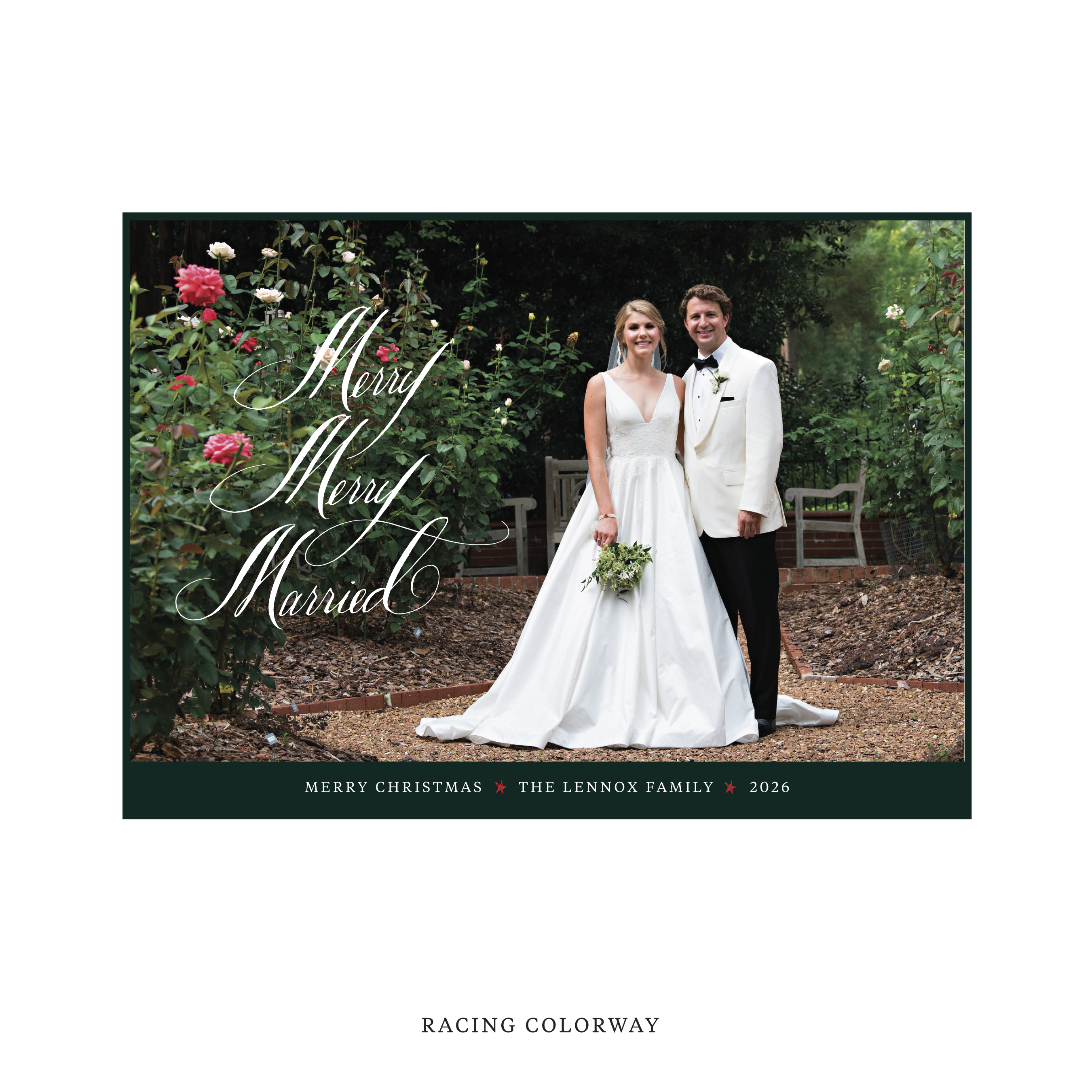 Celebrate the season with the Lennox "Merry Merry Married" Holiday Card by Stovall Collection. Featuring original hand-lettered artwork, this luxury personalized photo mount holiday card is available in 22 thoughtfully curated flat printing colorways.