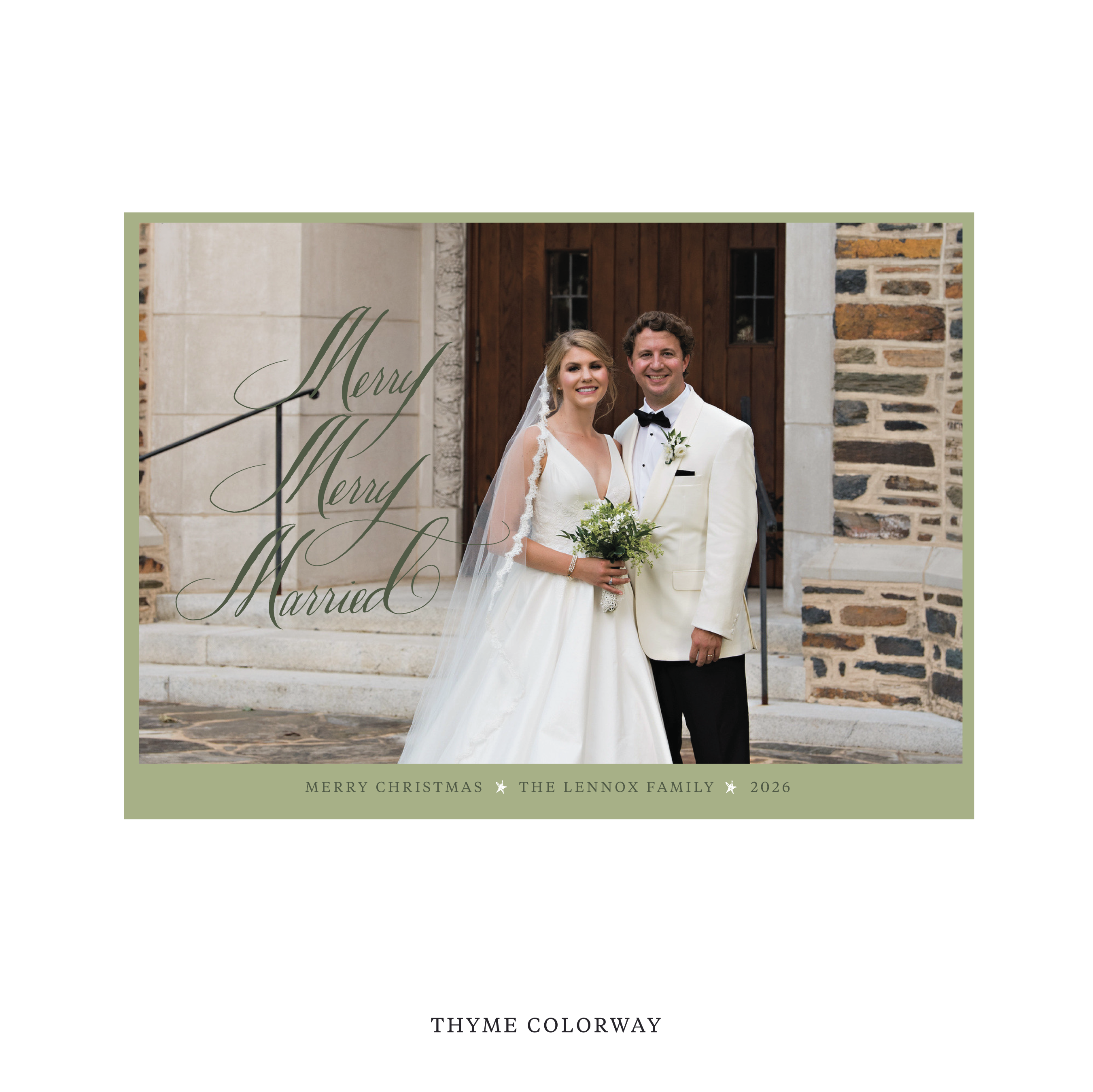 Celebrate the season with the Lennox "Merry Merry Married" Holiday Card by Stovall Collection. Featuring original hand-lettered artwork, this luxury personalized photo mount holiday card is available in 22 thoughtfully curated flat printing colorways.