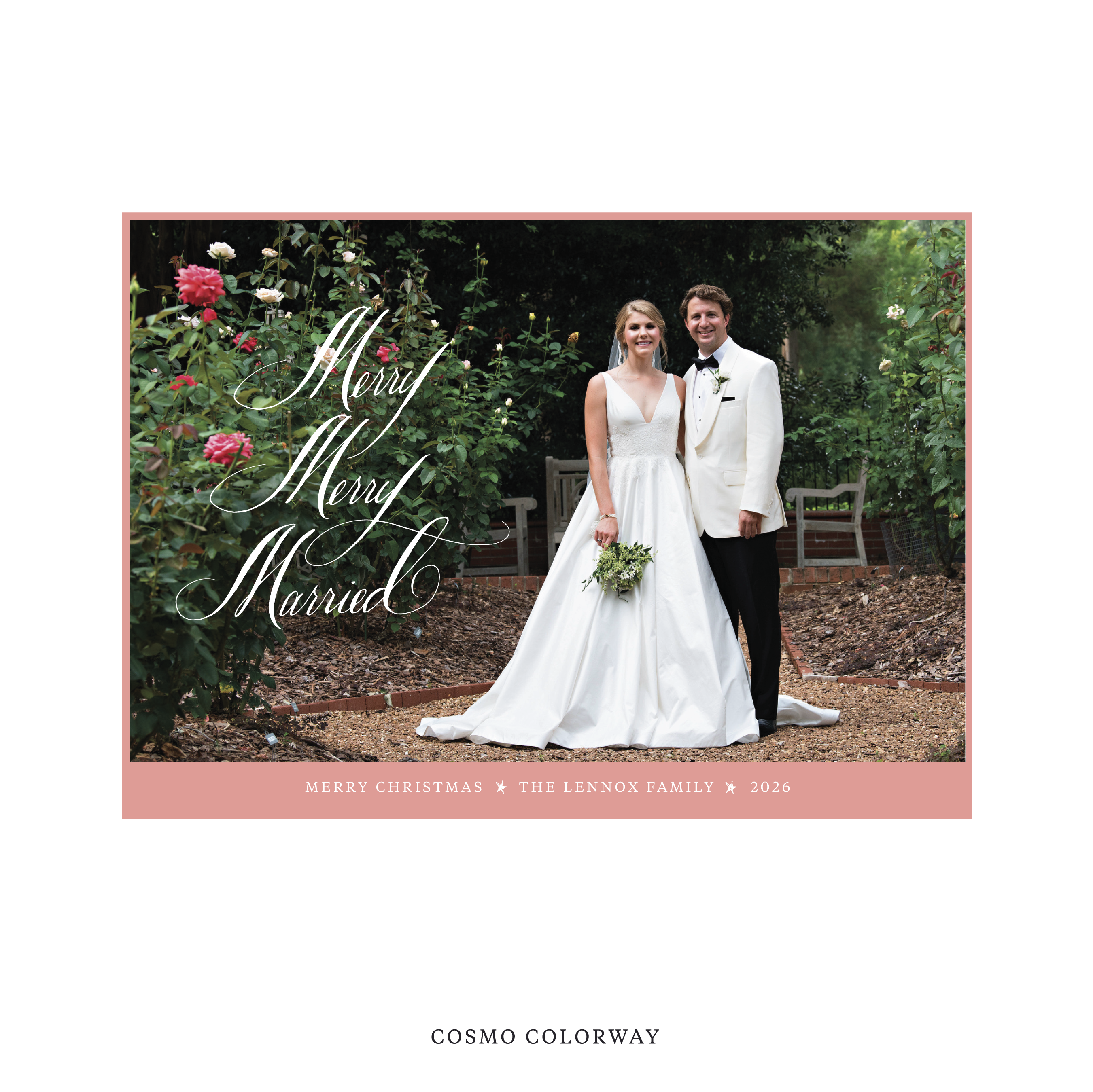 Celebrate the season with the Lennox "Merry Merry Married" Holiday Card by Stovall Collection. Featuring original hand-lettered artwork, this luxury personalized photo mount holiday card is available in 22 thoughtfully curated flat printing colorways.