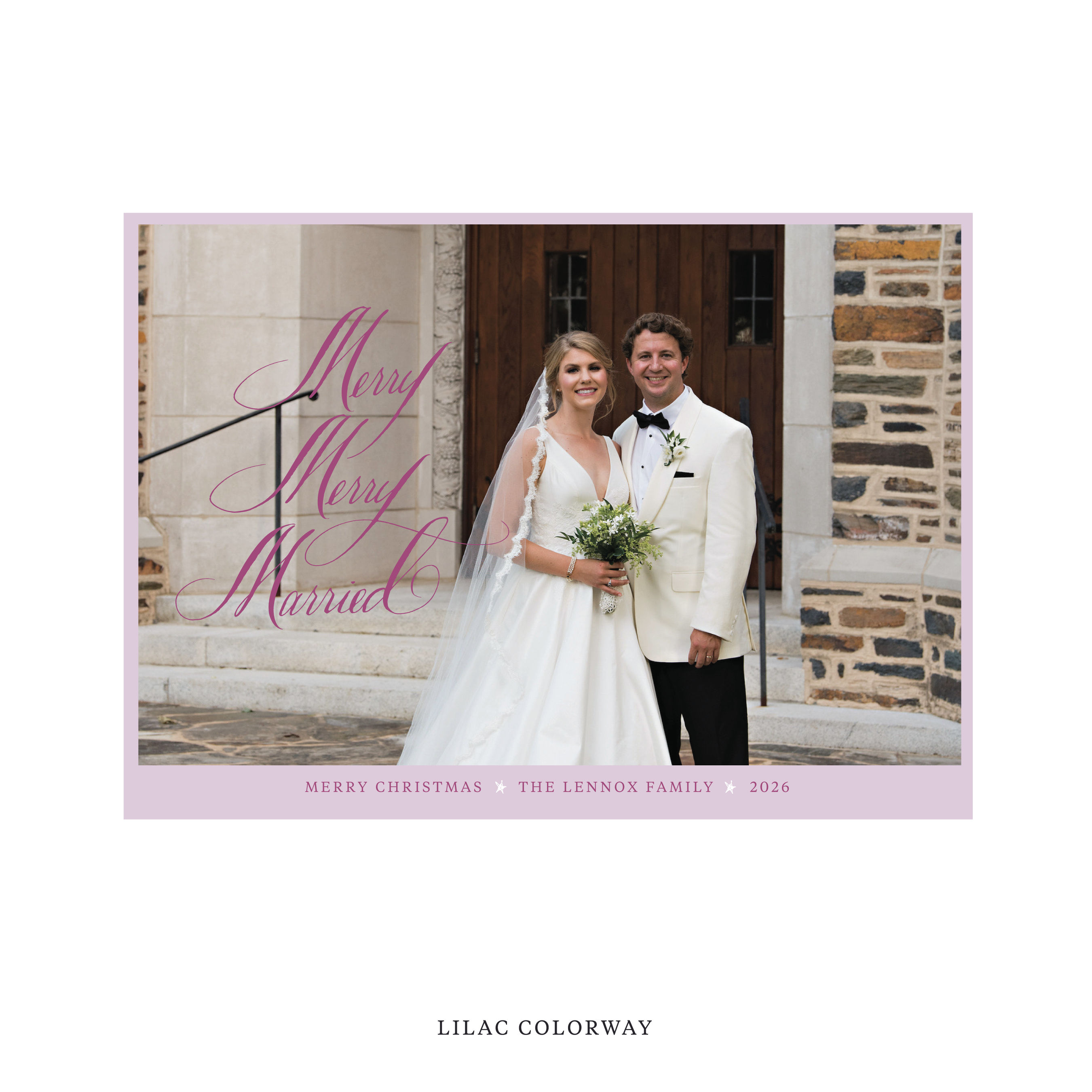 Celebrate the season with the Lennox "Merry Merry Married" Holiday Card by Stovall Collection. Featuring original hand-lettered artwork, this luxury personalized photo mount holiday card is available in 22 thoughtfully curated flat printing colorways.