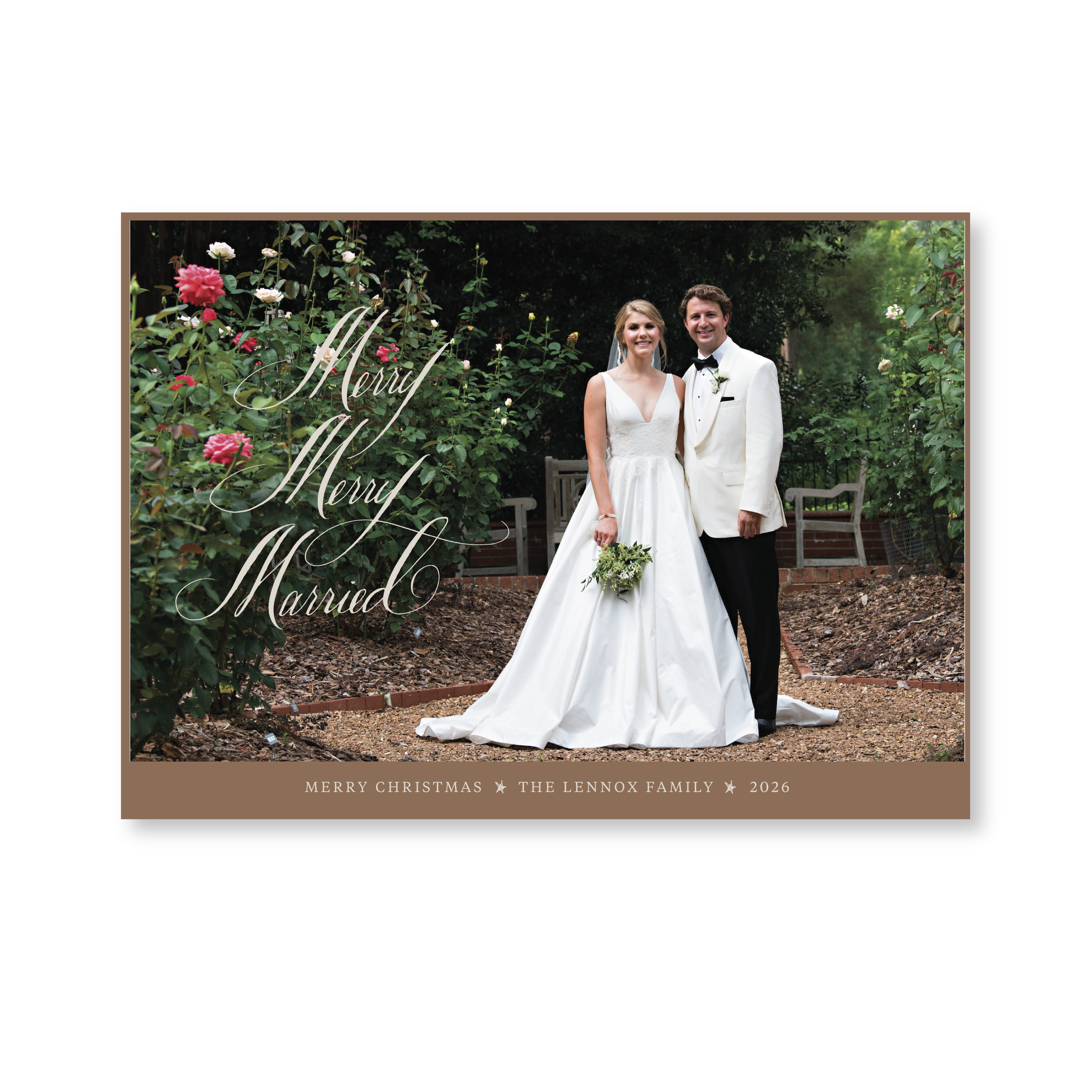 Celebrate the season with the Lennox "Merry Merry Married" Holiday Card by Stovall Collection. Featuring original hand-lettered artwork, this luxury personalized photo mount holiday card is available in 22 thoughtfully curated flat printing colorways.