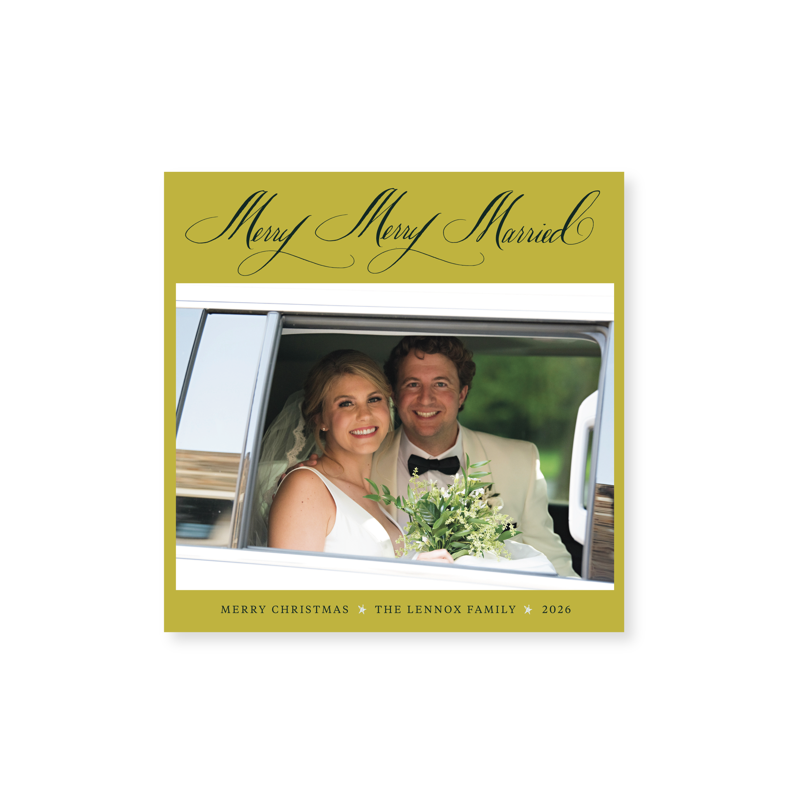 Lennox Classic Flat Print newlywed holiday card featuring original pen-and-ink "Merry Merry Married" artwork by Stovall Collection.