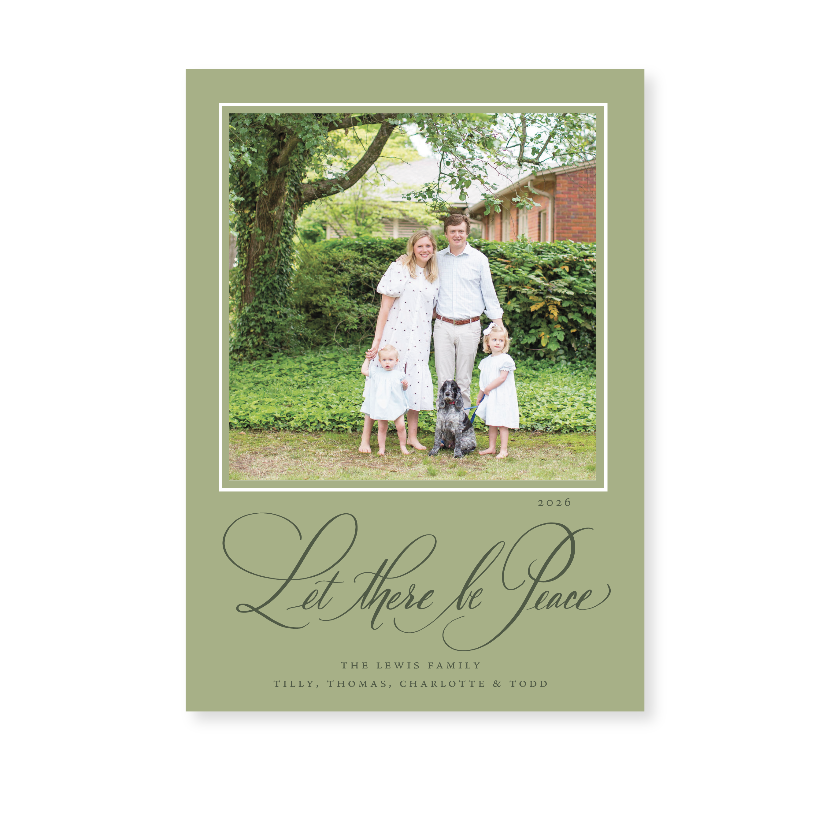 Lewis Classic Flat Print Let There Be Peace photo mount holiday card featuring original hand-lettered artwork by Stovall Collection.
