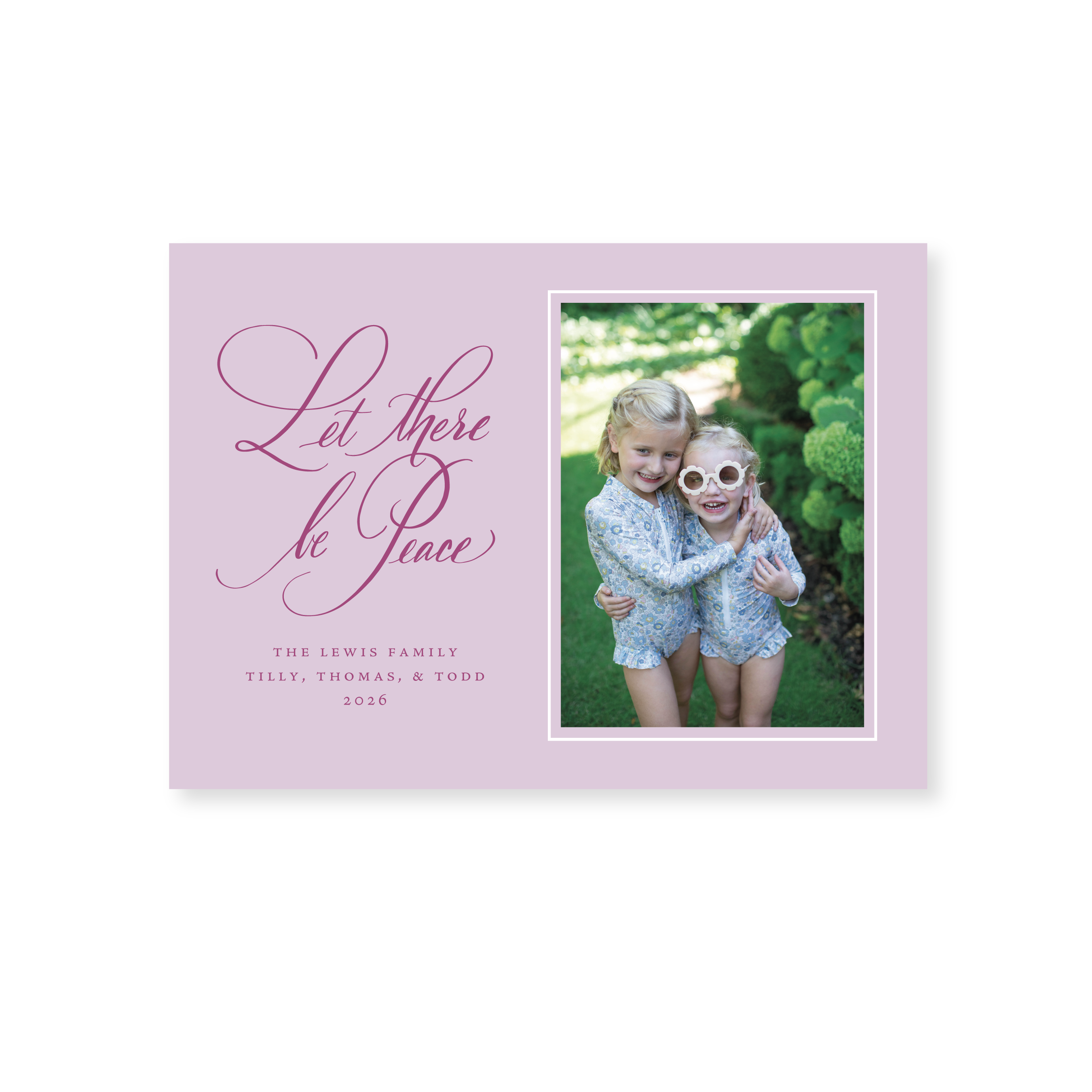 Lewis Classic Flat Print Let There Be Peace photo mount holiday card featuring original hand-lettered artwork by Stovall Collection.