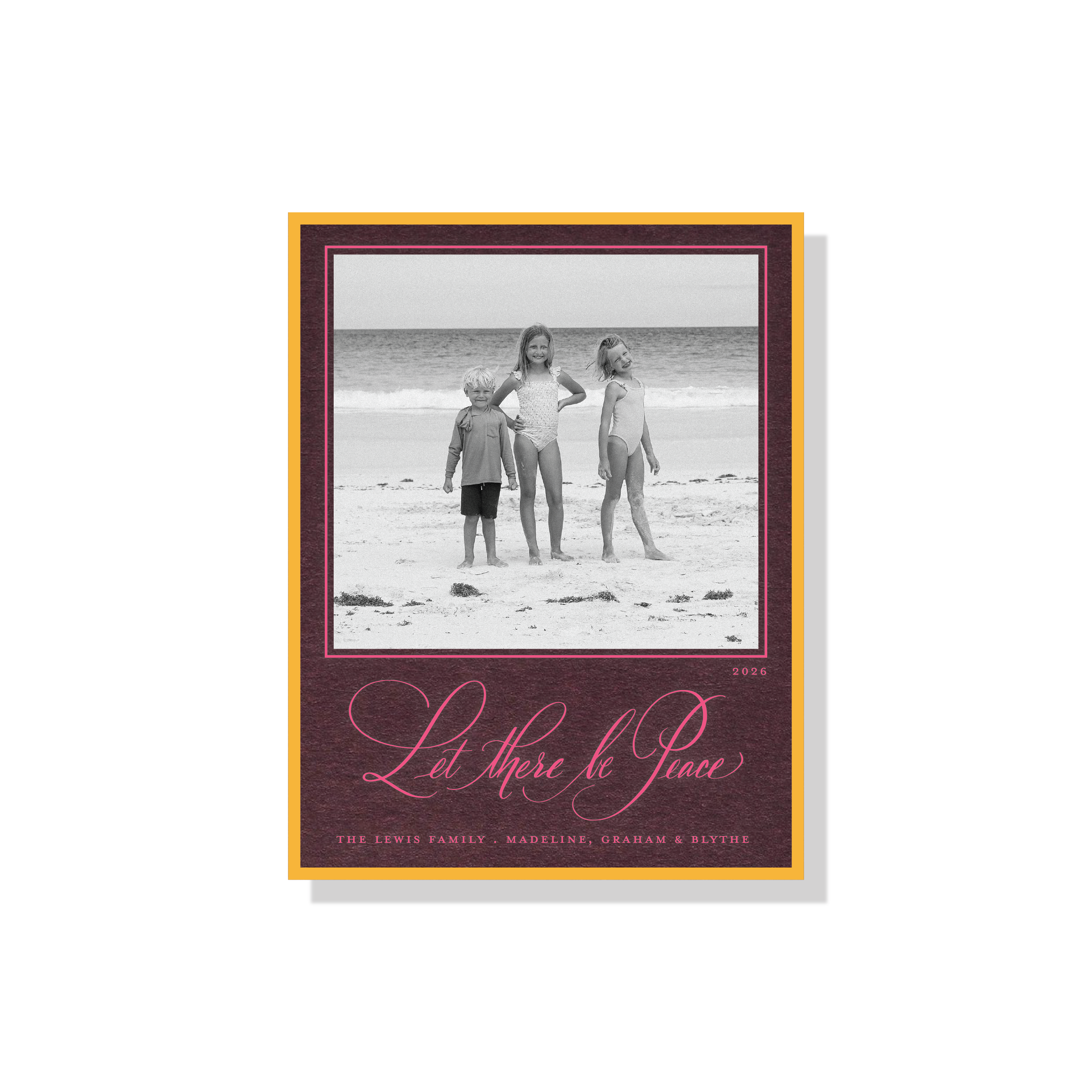 Lewis Engraved Christmas Photo Card with a family portrait, expressive “Let There Be Peace” calligraphy, and crisp raised engraving.