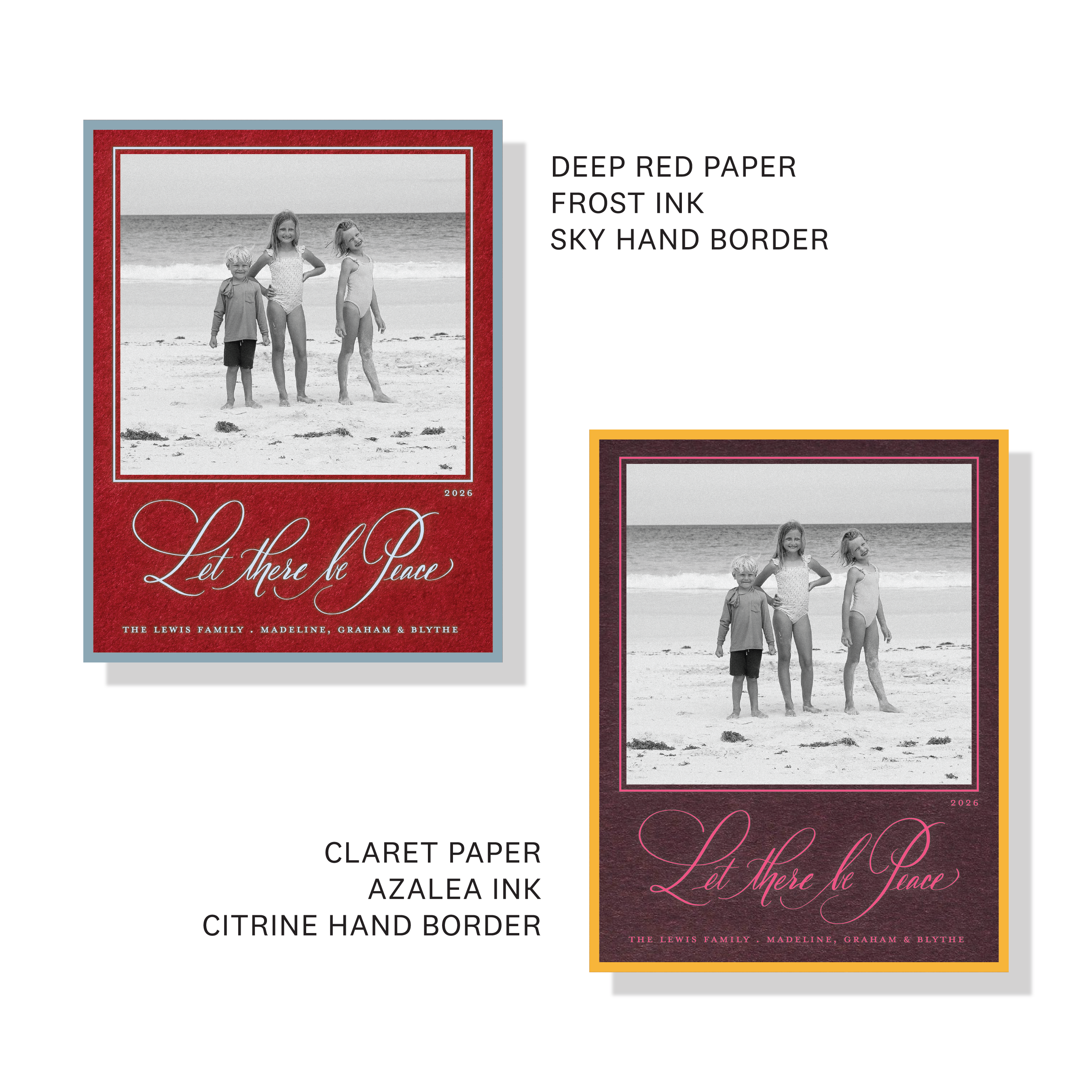 Lewis Engraved Christmas Photo Card with a family portrait, expressive “Let There Be Peace” calligraphy, and crisp raised engraving.