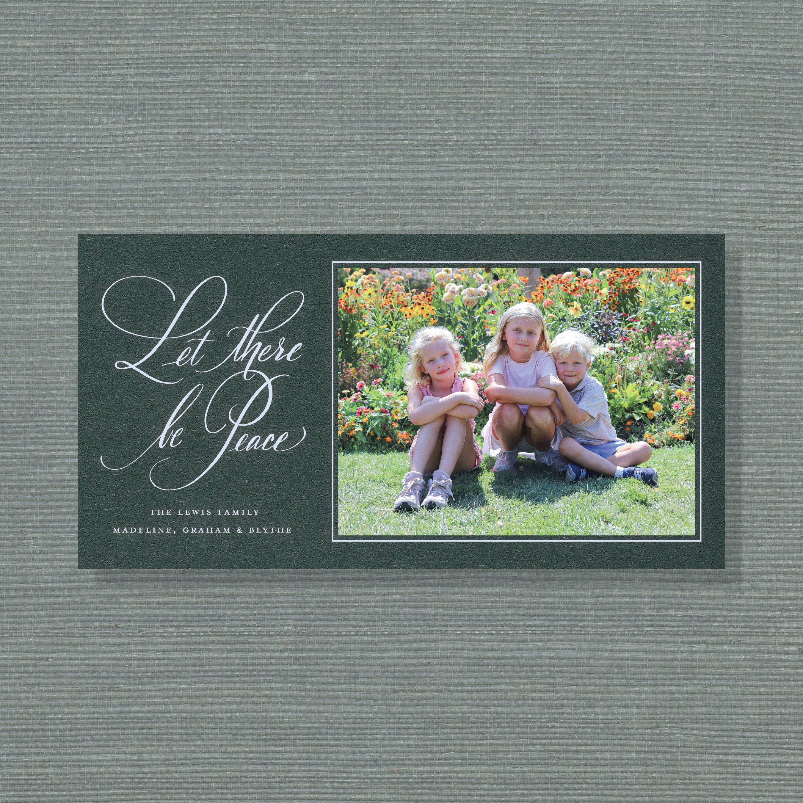 Luxury Lewis Engraved Christmas Card with a favorite family photo, elegant “Let There Be Peace” lettering, and traditional engraving.