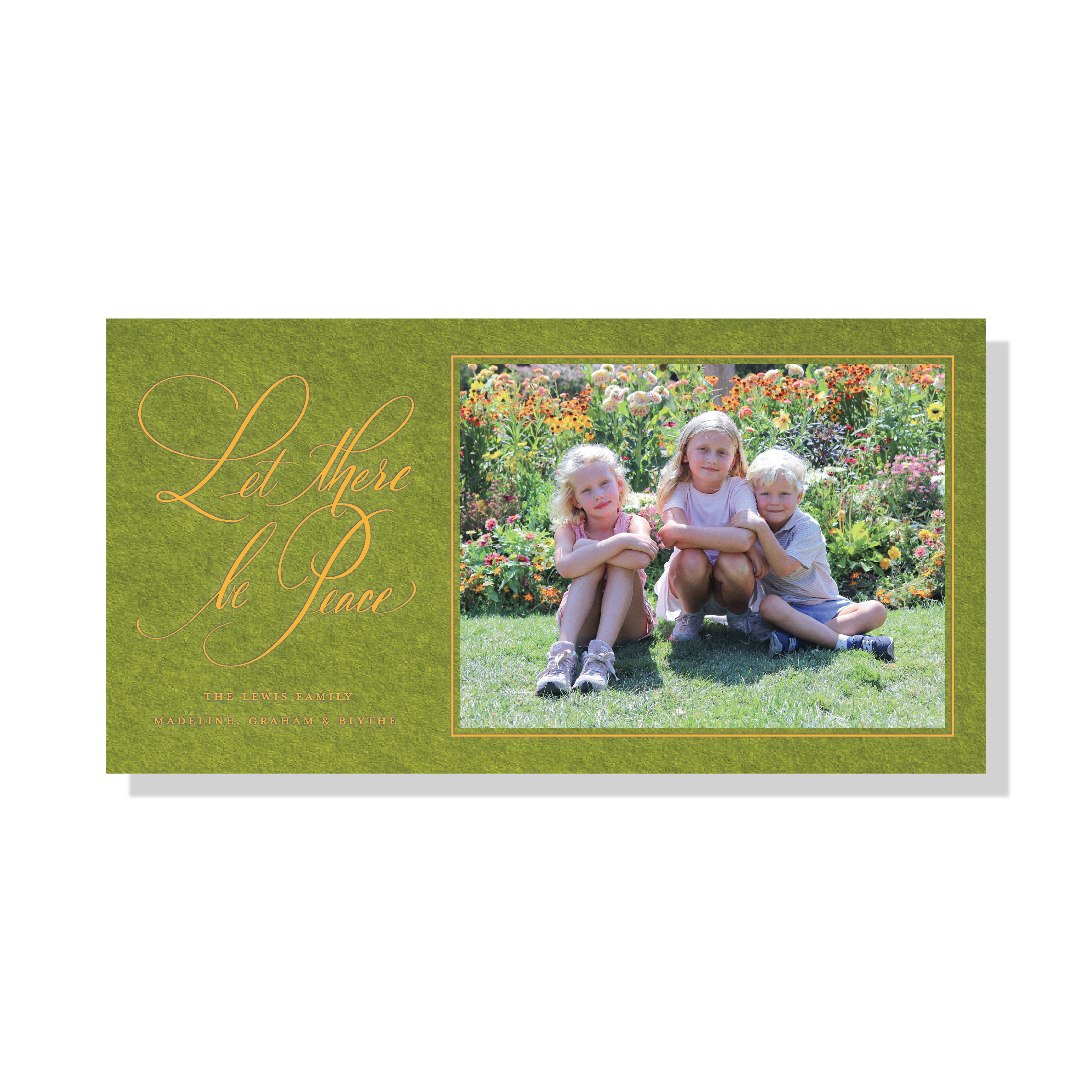 Luxury Lewis Engraved Christmas Card with a favorite family photo, elegant “Let There Be Peace” lettering, and traditional engraving.
