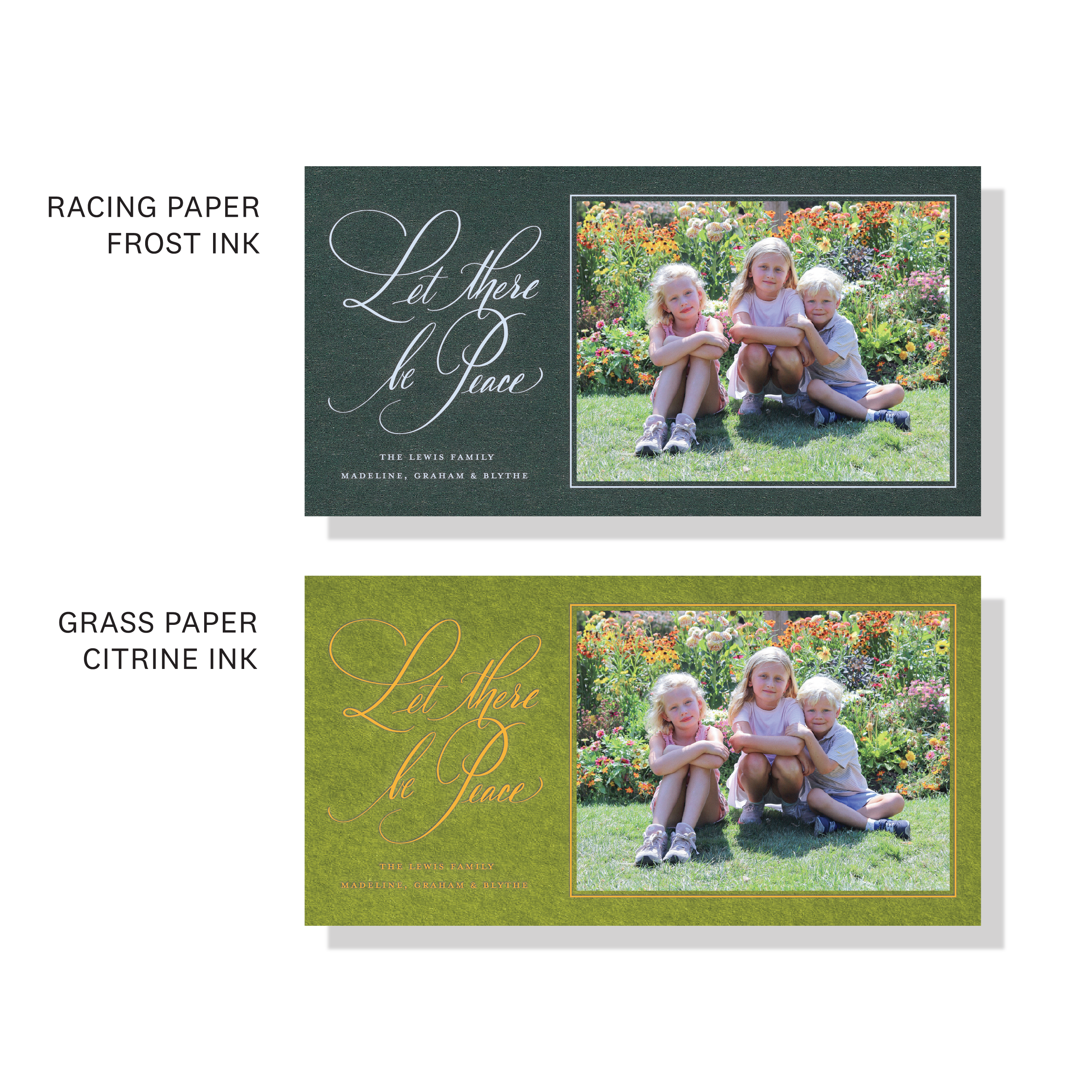 Luxury Lewis Engraved Christmas Card with a favorite family photo, elegant “Let There Be Peace” lettering, and traditional engraving.