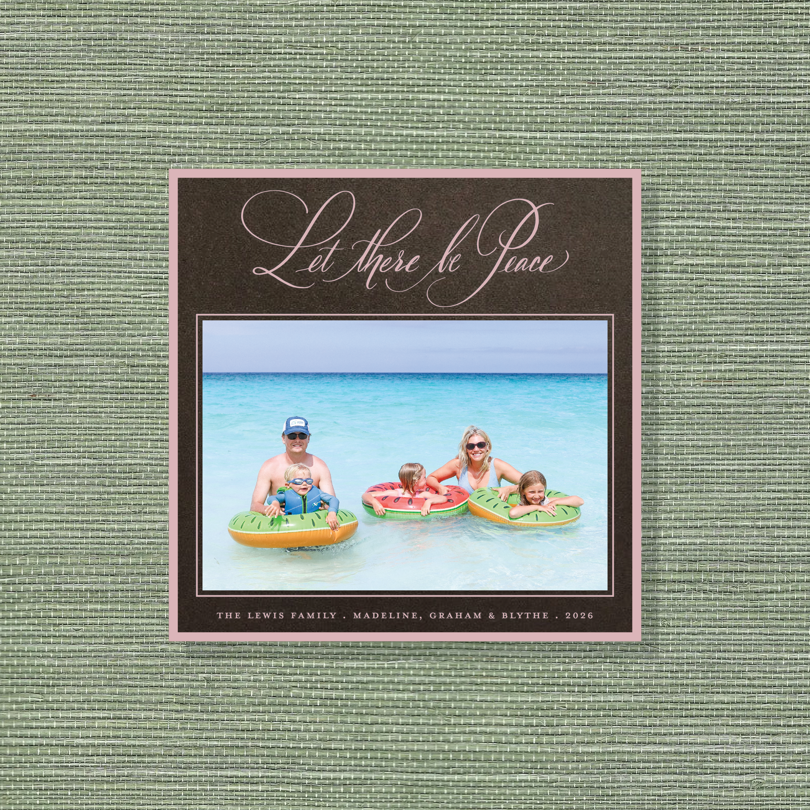 Lewis Engraved Holiday Card featuring hand-lettered “Let There Be Peace” artwork, a favorite family photograph, and traditional engraving.