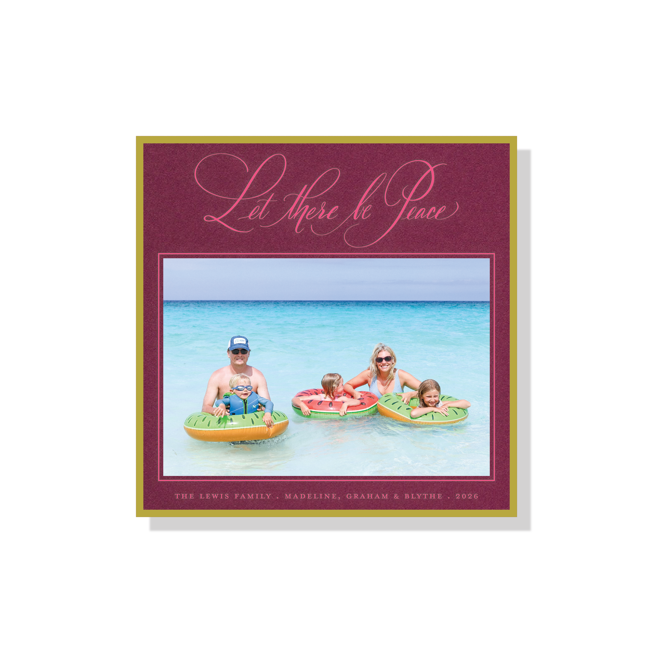 Lewis Engraved Holiday Card featuring hand-lettered “Let There Be Peace” artwork, a favorite family photograph, and traditional engraving.