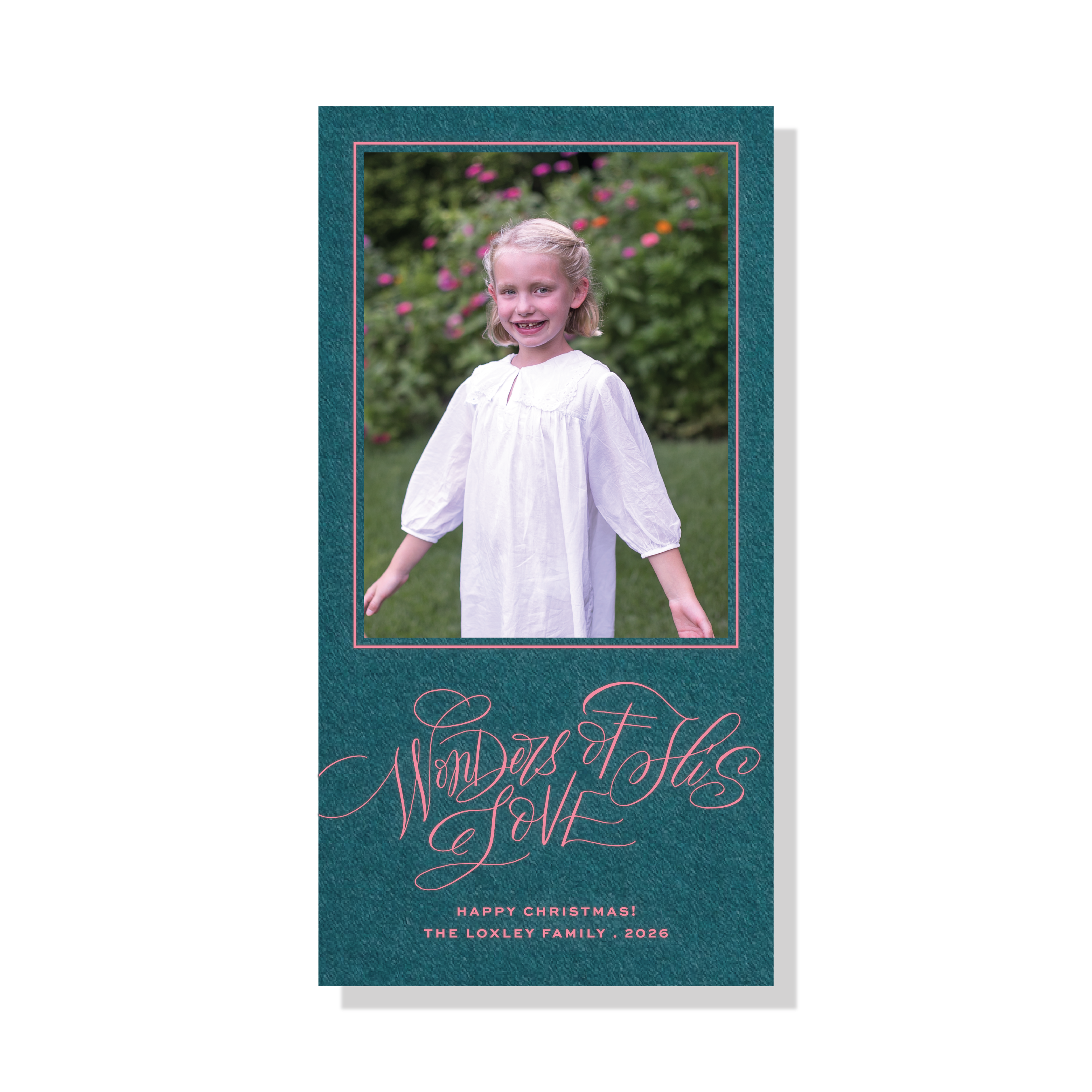 Loxley Engraved Holiday Card featuring hand-lettered “Wonders of His Love” artwork beneath a favorite family photograph.