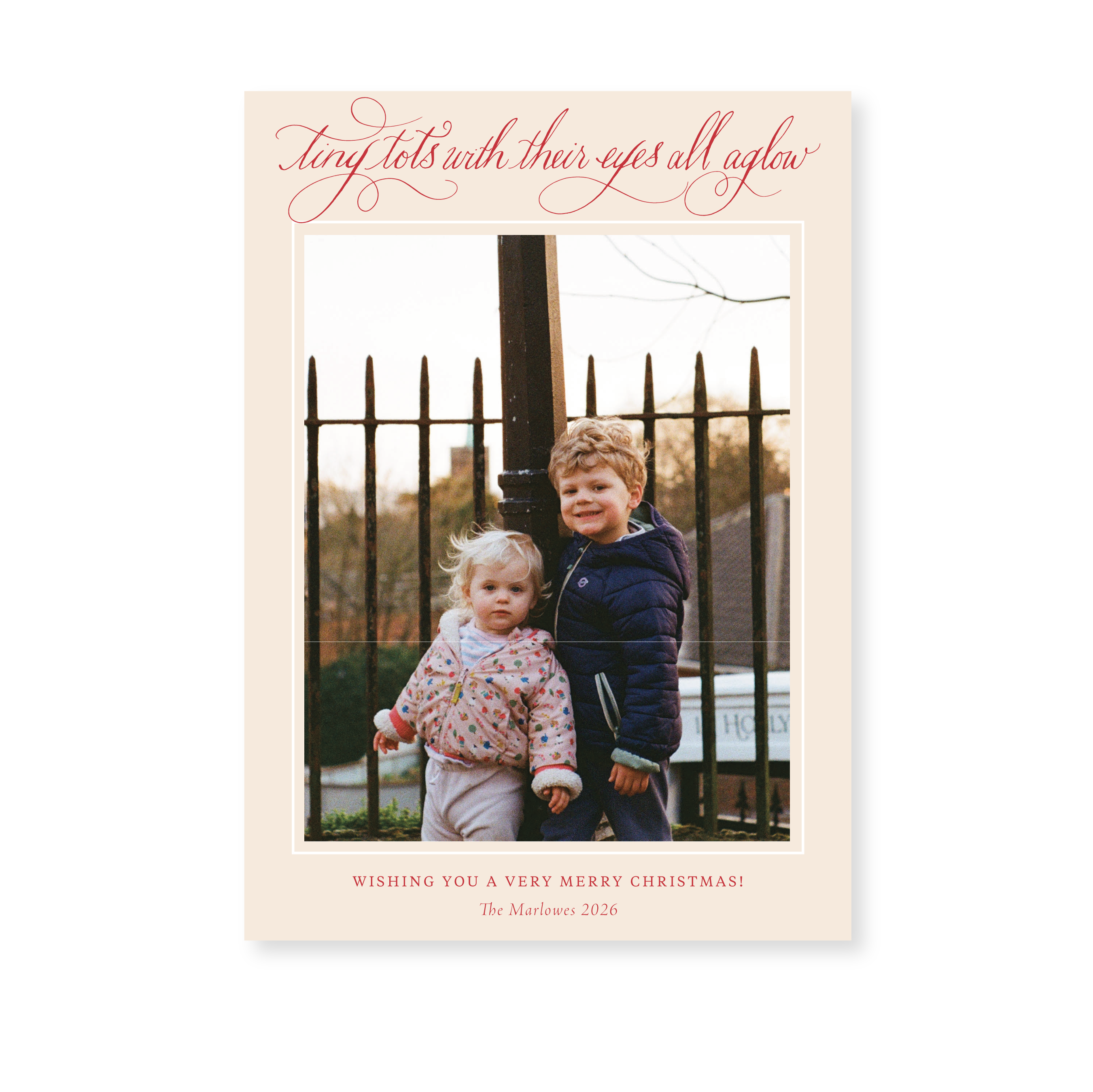 Bexley Classic Flat Print photo mount holiday card featuring original pen-and-ink calligraphy and a mounted family photograph by Stovall Collection.