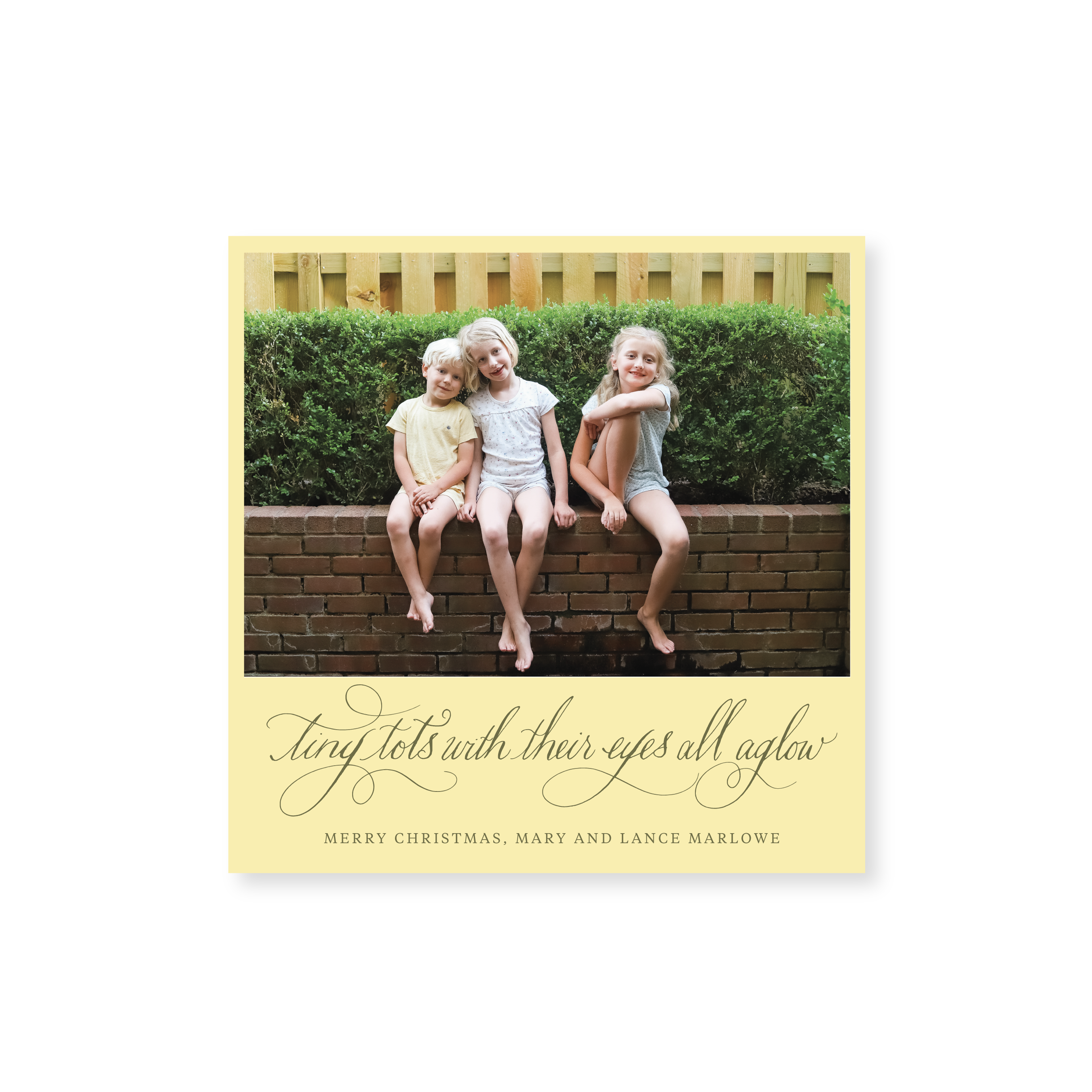 Bexley Classic Flat Print photo mount holiday card featuring original pen-and-ink calligraphy and a mounted family photograph by Stovall Collection.
