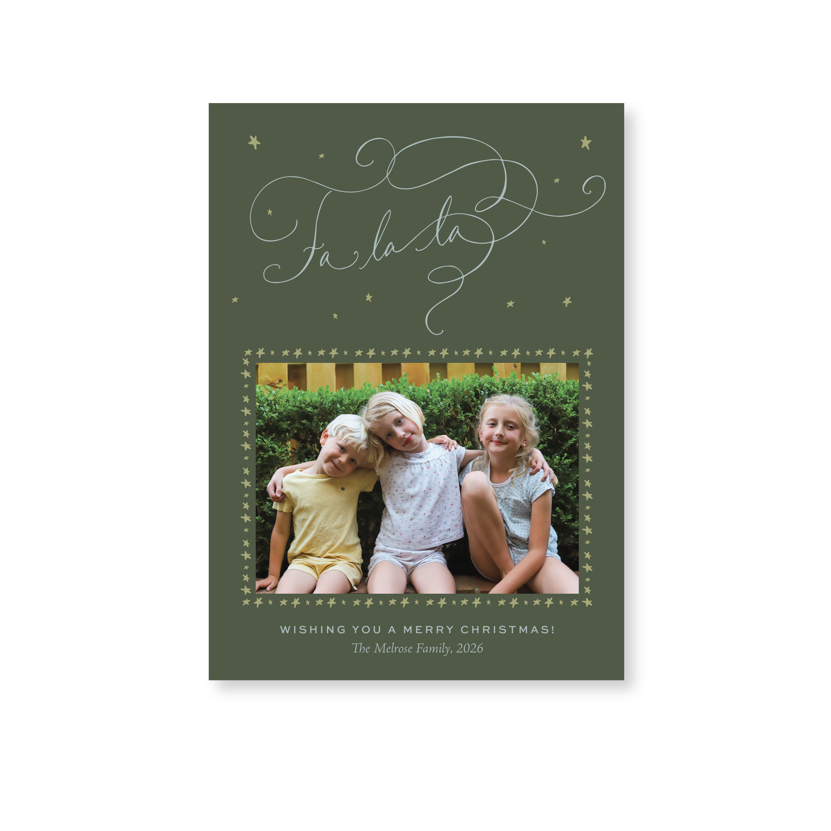 Melrose Classic Flat Print Fa La La photo mount holiday card featuring elegant hand-lettered artwork by Stovall Collection.