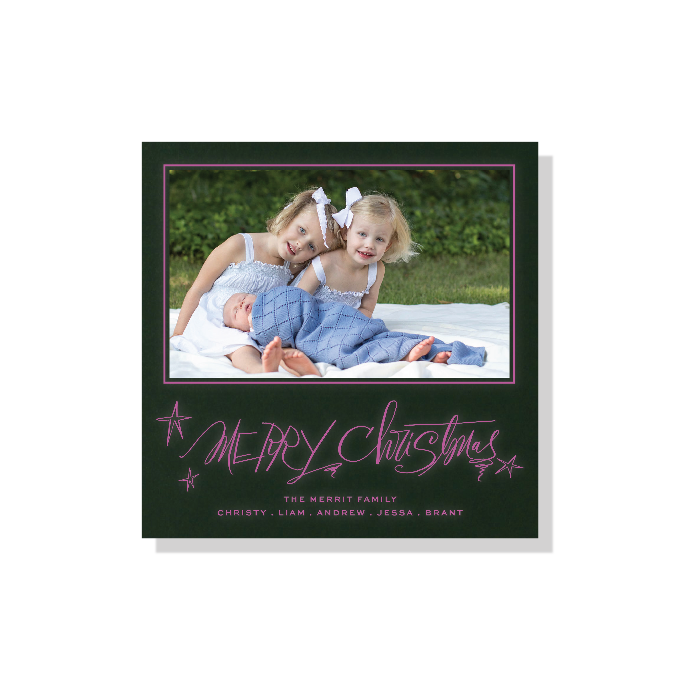 Merritt Engraved Holiday Card featuring sweeping hand-lettered “Merry Christmas” calligraphy, a favorite family photograph, and traditional engraving.