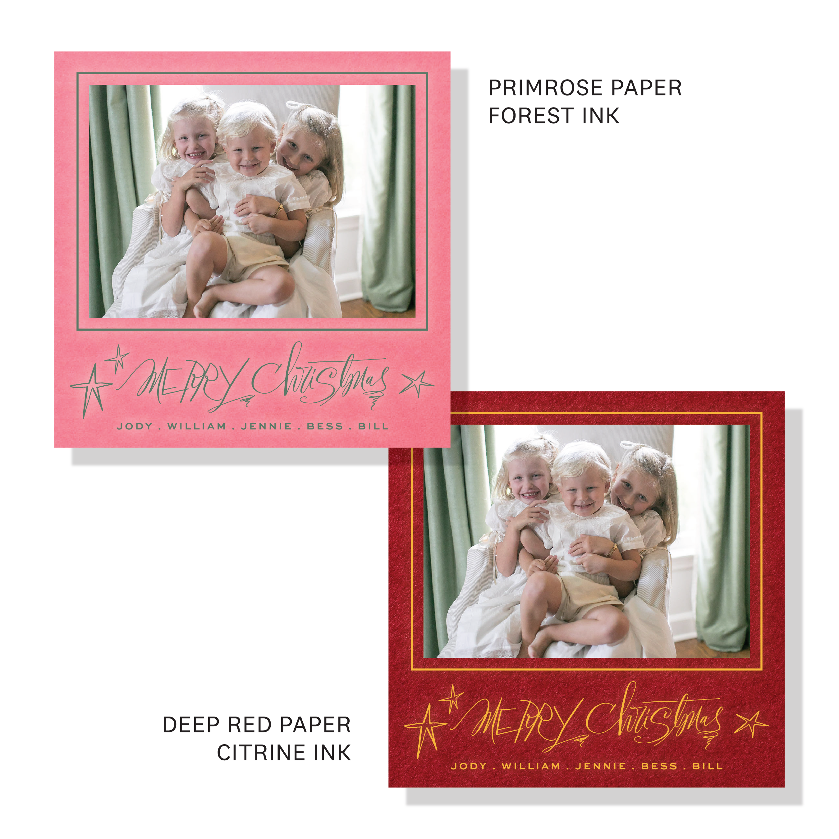 Merritt Engraved Christmas Photo Card with a family portrait, playful “Merry Christmas” lettering, and crisp raised engraved details.