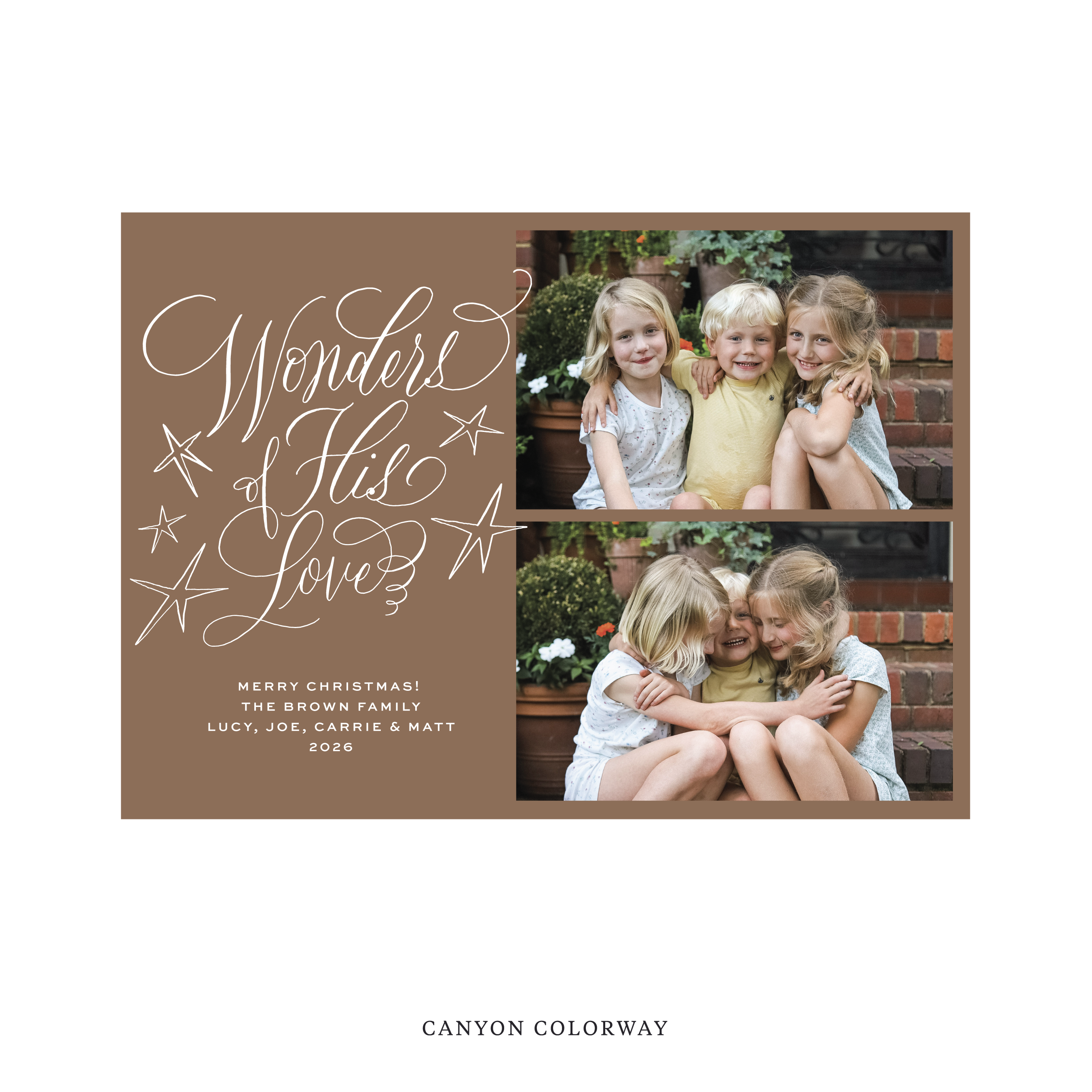 Celebrate the season with the Merriweather "Wonders of His Love" Holiday Card by Stovall Collection. Featuring original hand-lettered artwork, this luxury personalized photo mount holiday card is available in 22 thoughtfully curated flat printing colorways.