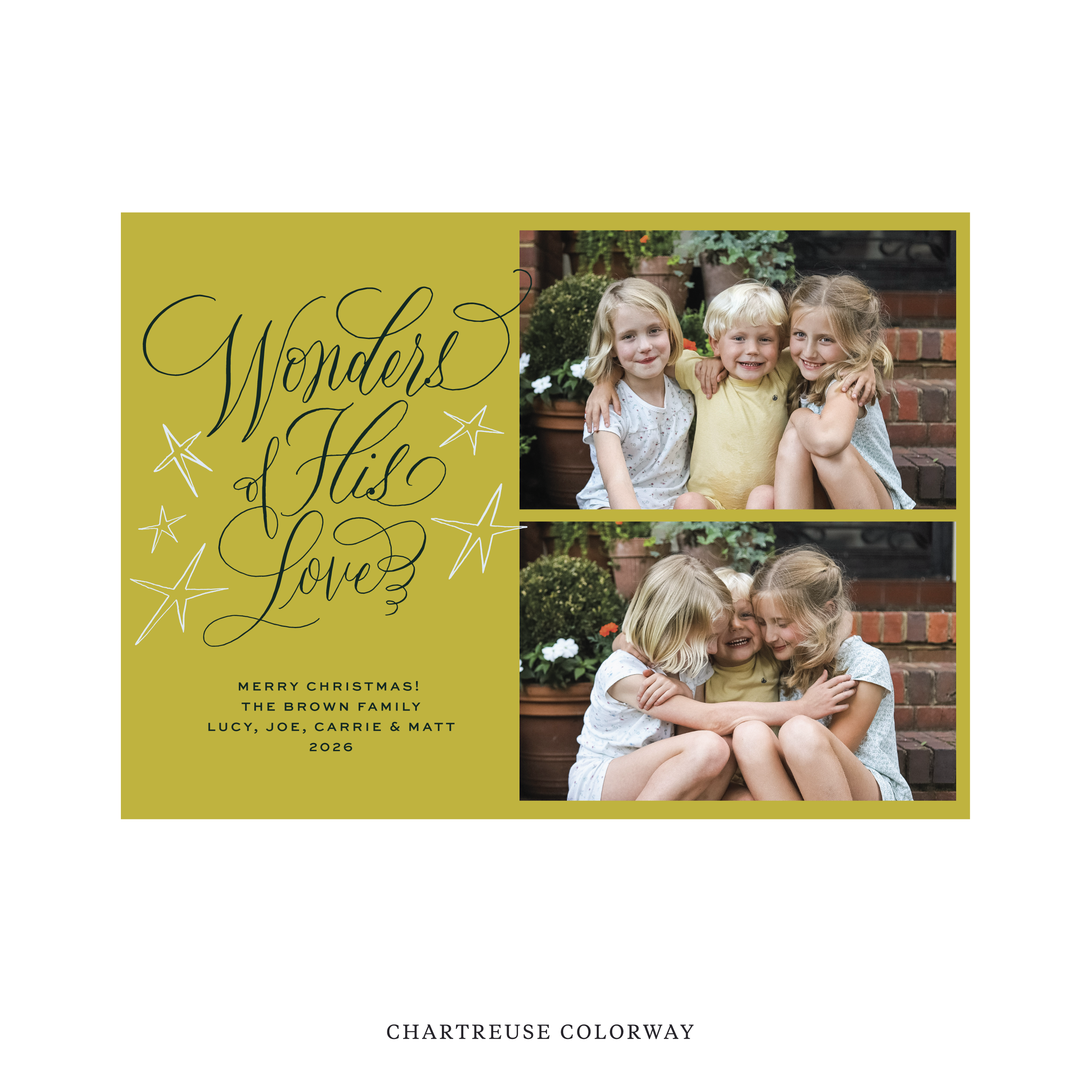 Celebrate the season with the Merriweather "Wonders of His Love" Holiday Card by Stovall Collection. Featuring original hand-lettered artwork, this luxury personalized photo mount holiday card is available in 22 thoughtfully curated flat printing colorways.