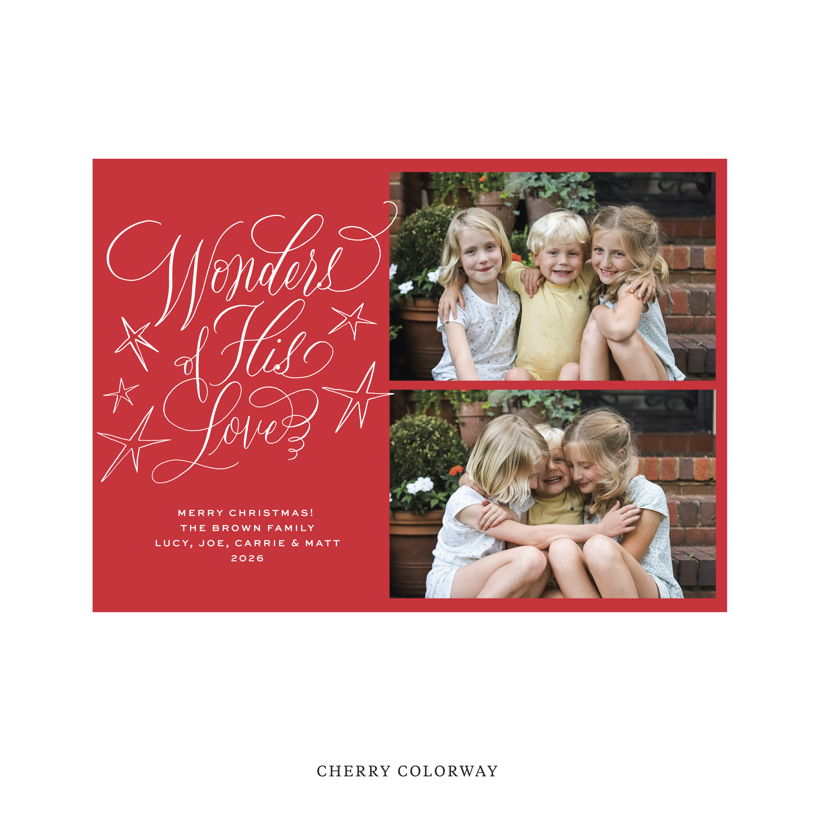 Celebrate the season with the Merriweather "Wonders of His Love" Holiday Card by Stovall Collection. Featuring original hand-lettered artwork, this luxury personalized photo mount holiday card is available in 22 thoughtfully curated flat printing colorways.