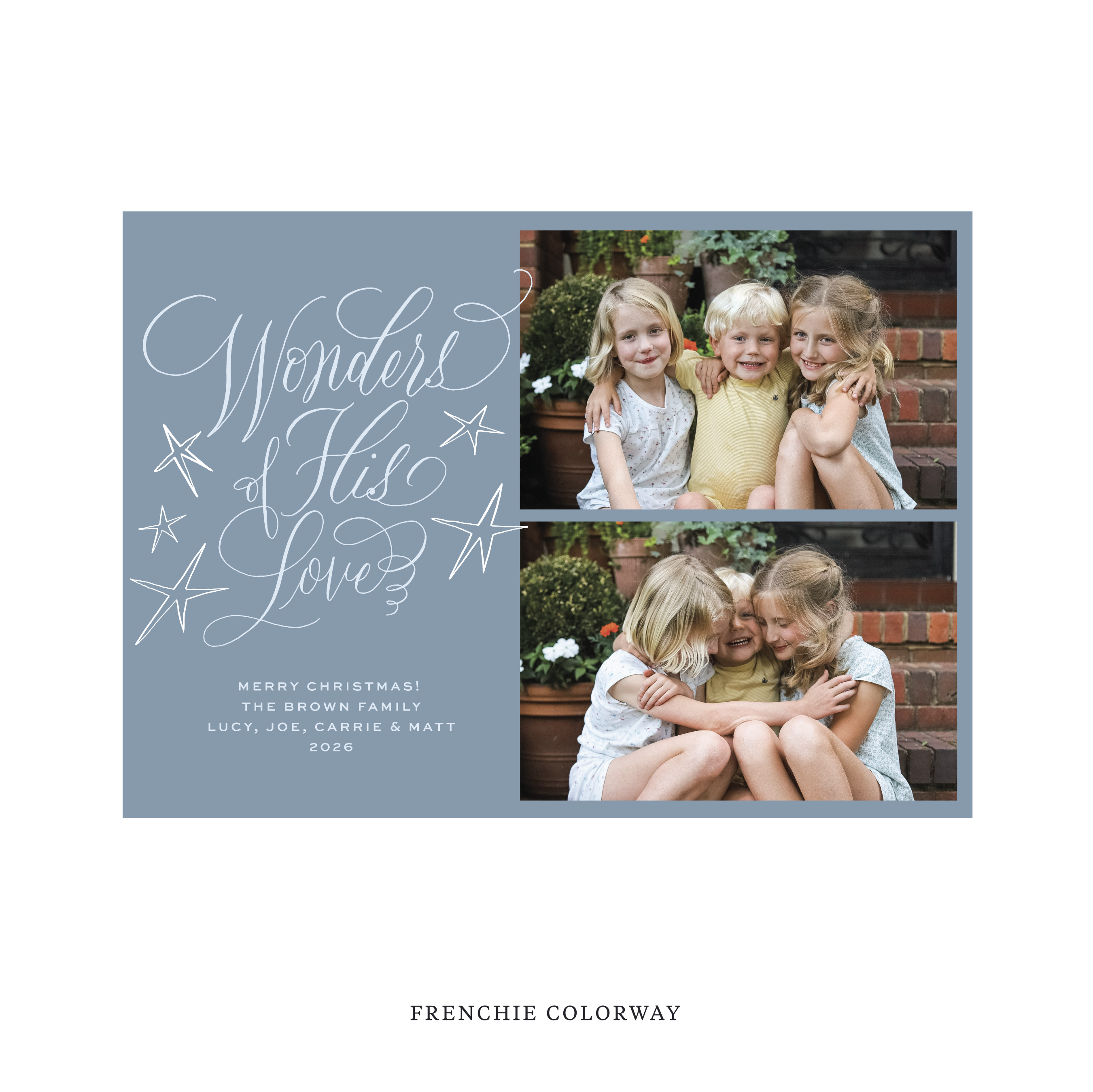 Celebrate the season with the Merriweather "Wonders of His Love" Holiday Card by Stovall Collection. Featuring original hand-lettered artwork, this luxury personalized photo mount holiday card is available in 22 thoughtfully curated flat printing colorways.