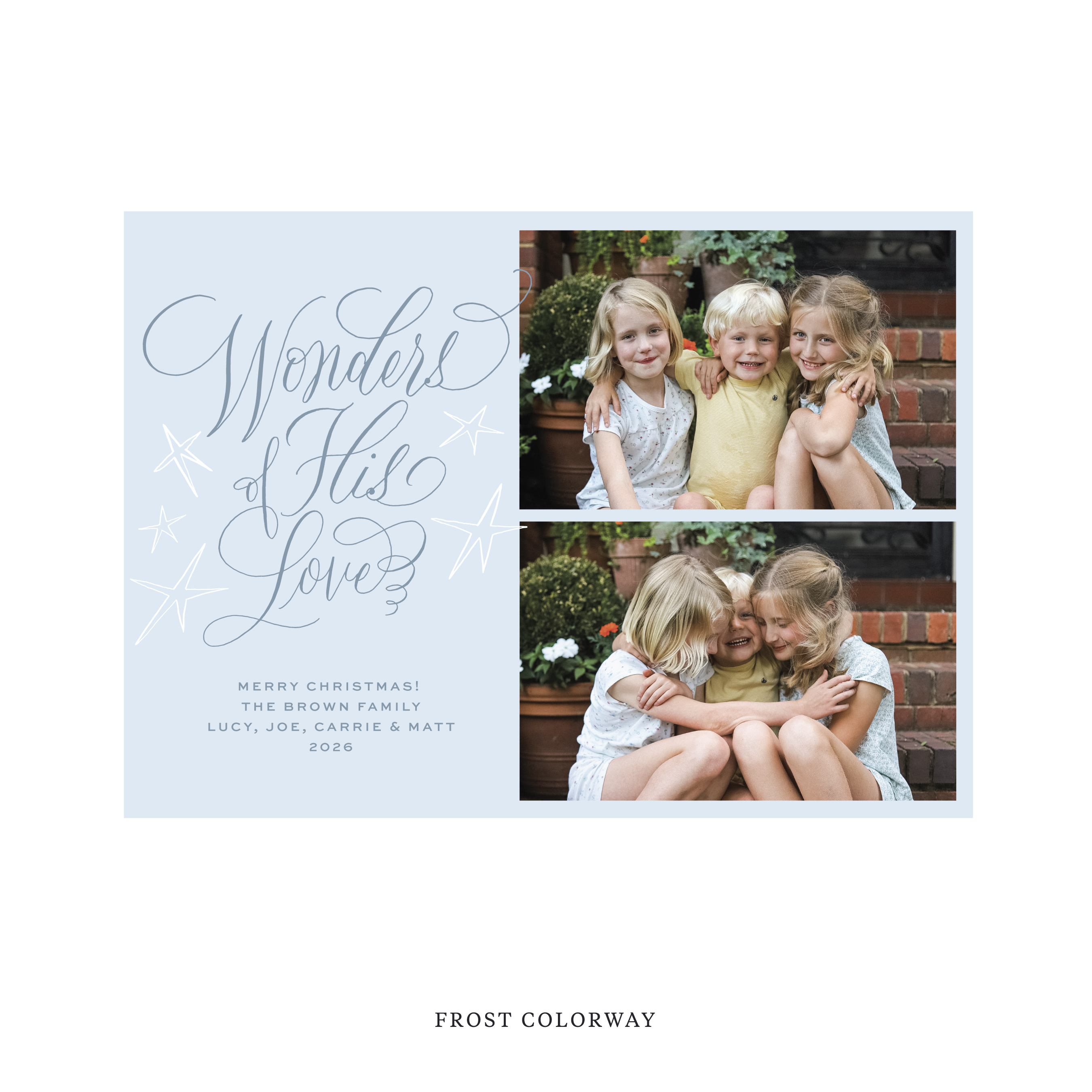Celebrate the season with the Merriweather "Wonders of His Love" Holiday Card by Stovall Collection. Featuring original hand-lettered artwork, this luxury personalized photo mount holiday card is available in 22 thoughtfully curated flat printing colorways.
