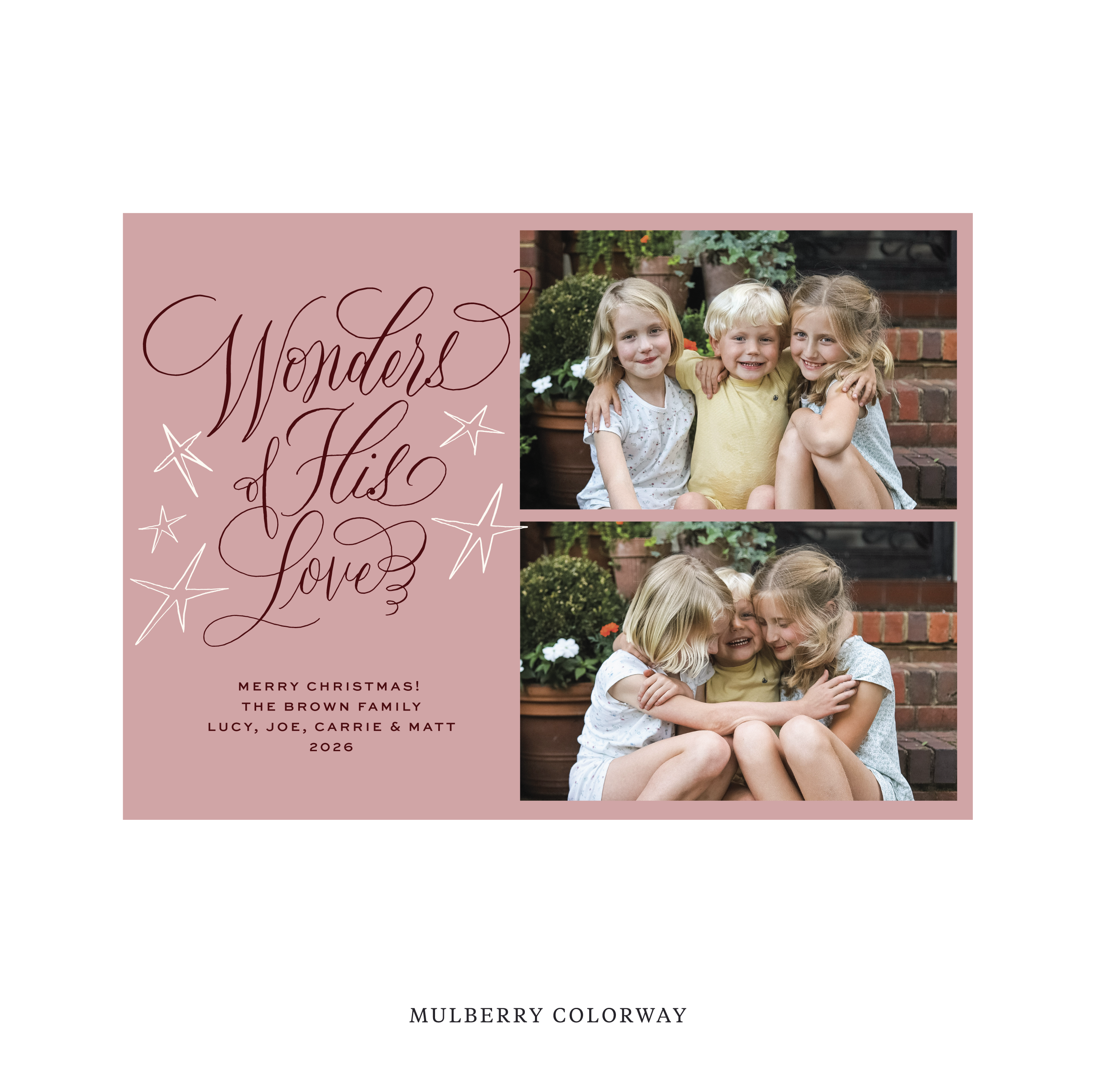 Celebrate the season with the Merriweather "Wonders of His Love" Holiday Card by Stovall Collection. Featuring original hand-lettered artwork, this luxury personalized photo mount holiday card is available in 22 thoughtfully curated flat printing colorways.