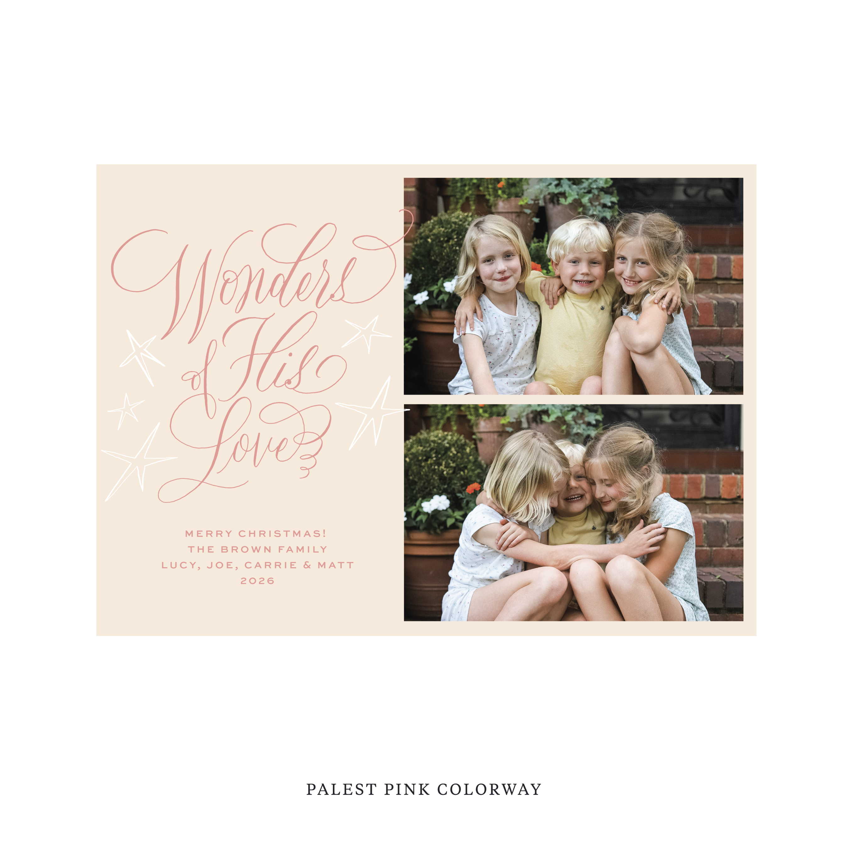 Celebrate the season with the Merriweather "Wonders of His Love" Holiday Card by Stovall Collection. Featuring original hand-lettered artwork, this luxury personalized photo mount holiday card is available in 22 thoughtfully curated flat printing colorways.