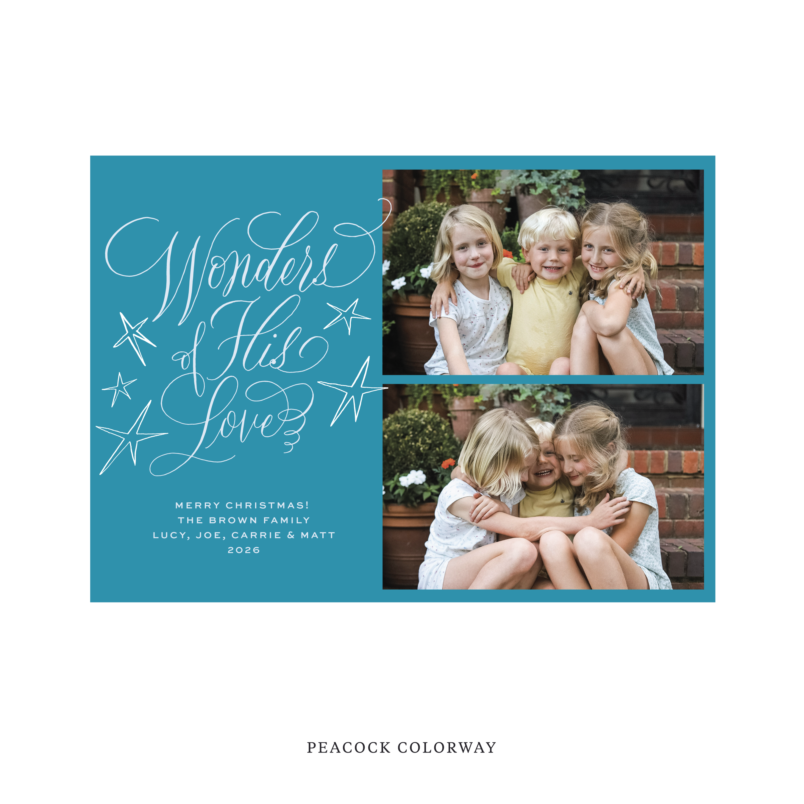 Celebrate the season with the Merriweather "Wonders of His Love" Holiday Card by Stovall Collection. Featuring original hand-lettered artwork, this luxury personalized photo mount holiday card is available in 22 thoughtfully curated flat printing colorways.