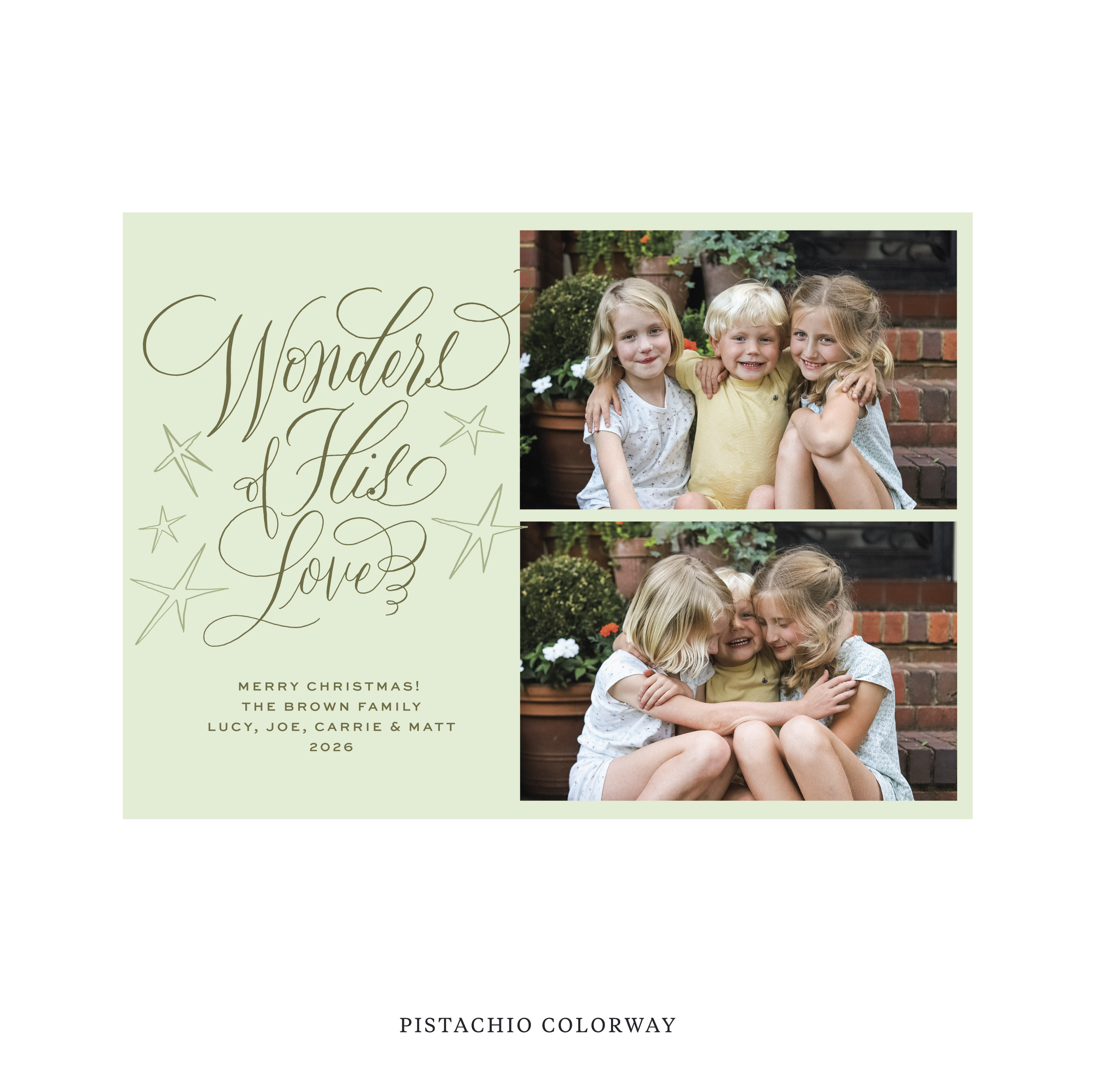 Celebrate the season with the Merriweather "Wonders of His Love" Holiday Card by Stovall Collection. Featuring original hand-lettered artwork, this luxury personalized photo mount holiday card is available in 22 thoughtfully curated flat printing colorways.