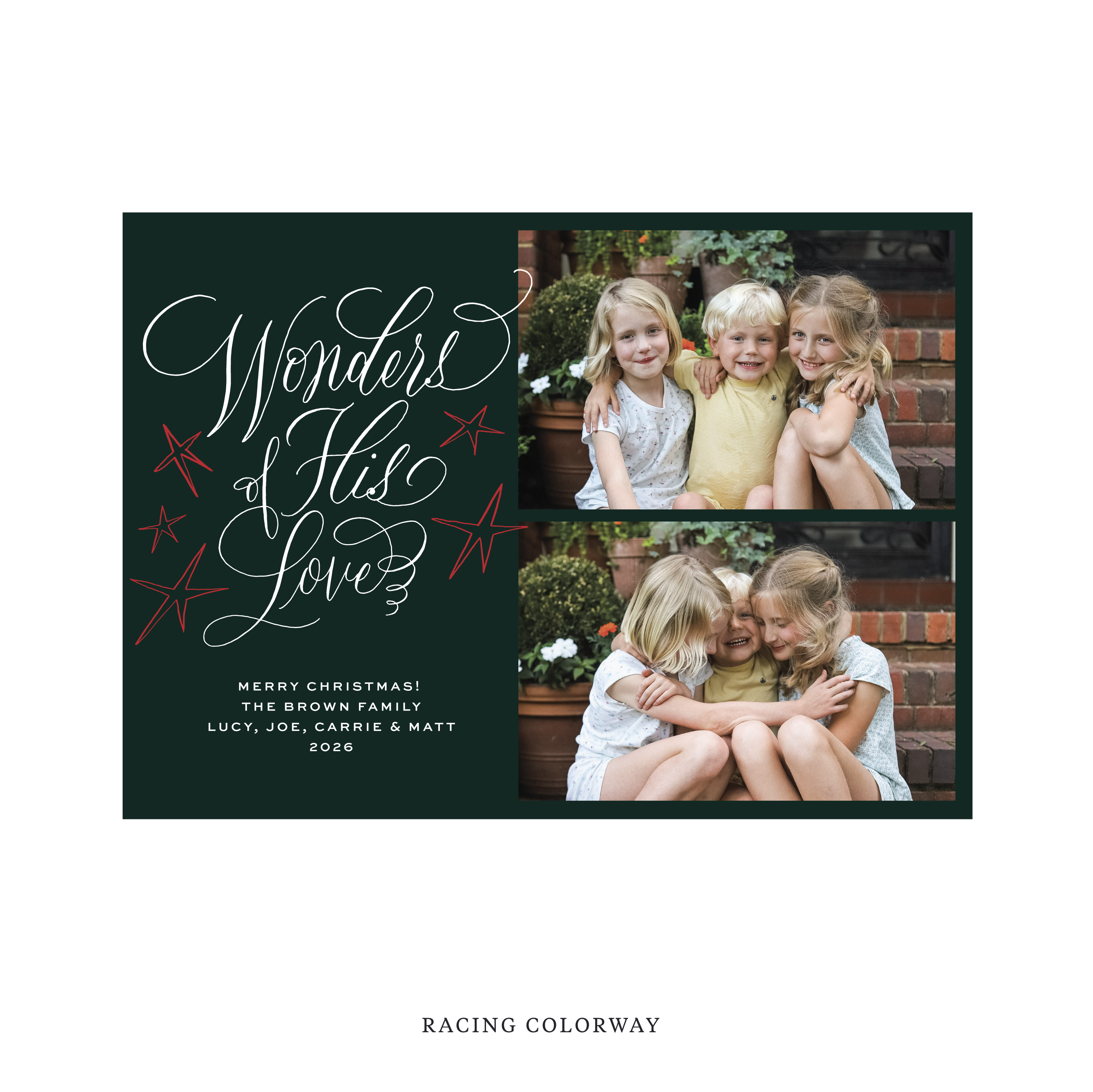 Celebrate the season with the Merriweather "Wonders of His Love" Holiday Card by Stovall Collection. Featuring original hand-lettered artwork, this luxury personalized photo mount holiday card is available in 22 thoughtfully curated flat printing colorways.