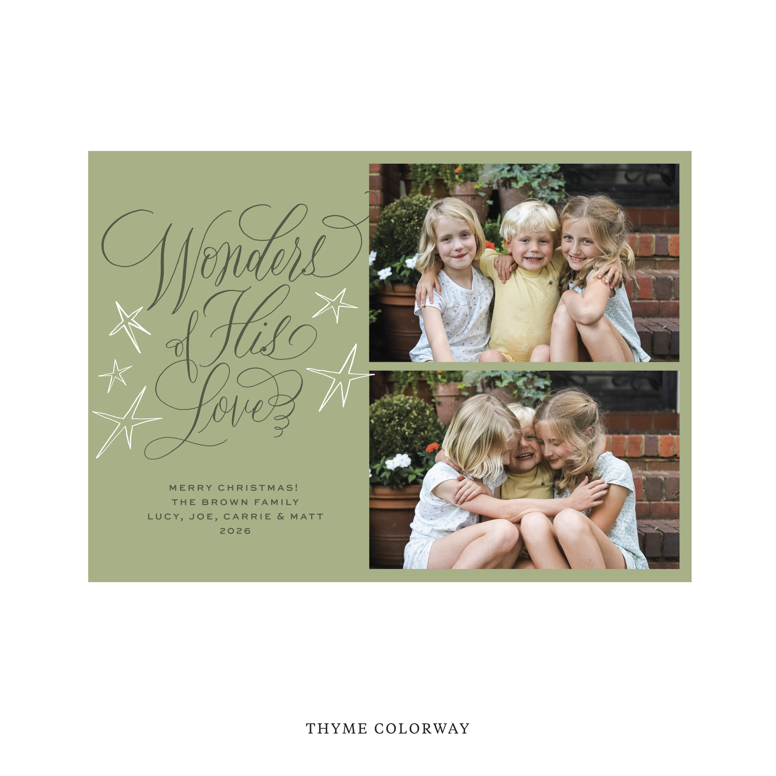 Celebrate the season with the Merriweather "Wonders of His Love" Holiday Card by Stovall Collection. Featuring original hand-lettered artwork, this luxury personalized photo mount holiday card is available in 22 thoughtfully curated flat printing colorways.