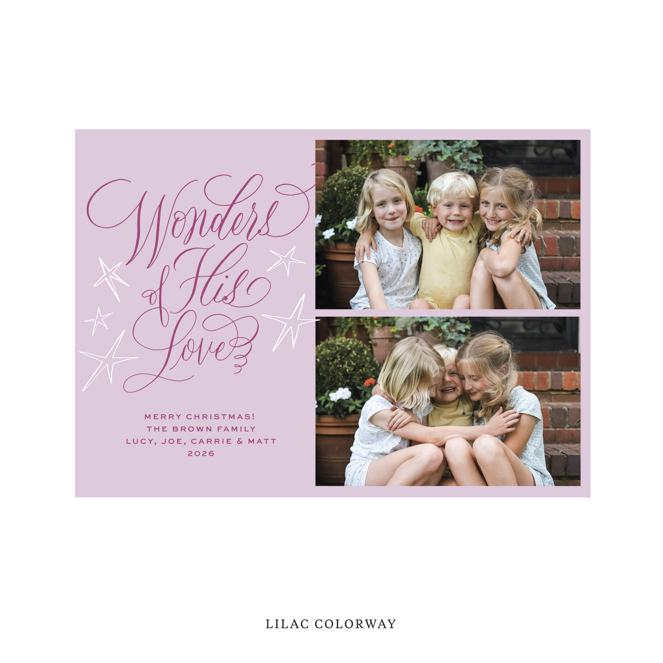 Celebrate the season with the Merriweather "Wonders of His Love" Holiday Card by Stovall Collection. Featuring original hand-lettered artwork, this luxury personalized photo mount holiday card is available in 22 thoughtfully curated flat printing colorways.