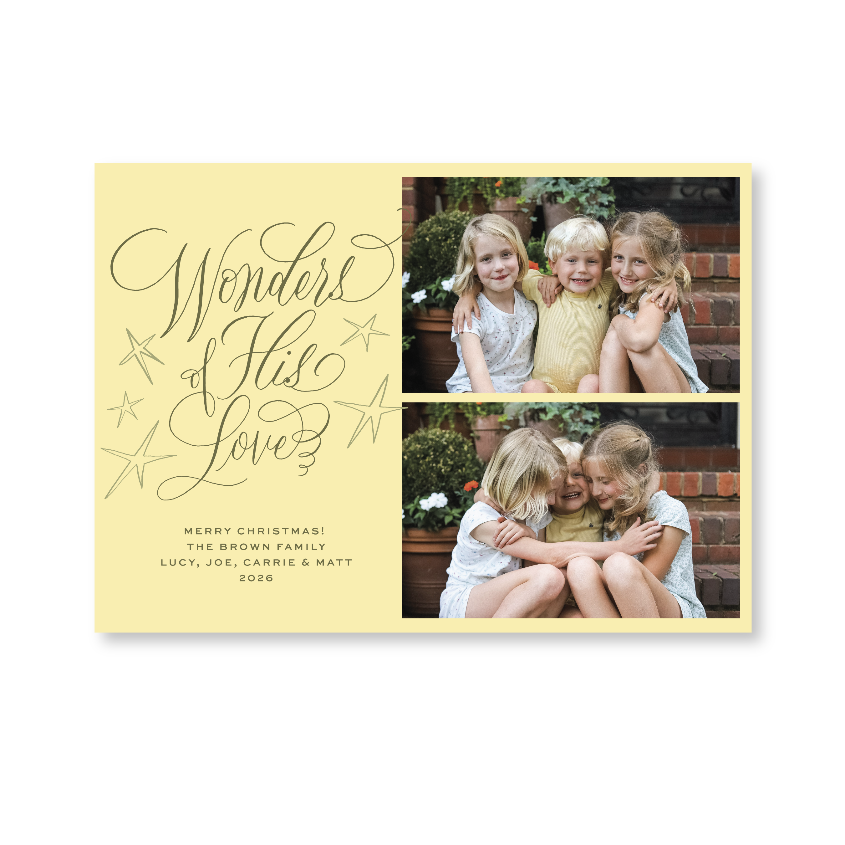 Celebrate the season with the Merriweather "Wonders of His Love" Holiday Card by Stovall Collection. Featuring original hand-lettered artwork, this luxury personalized photo mount holiday card is available in 22 thoughtfully curated flat printing colorways.