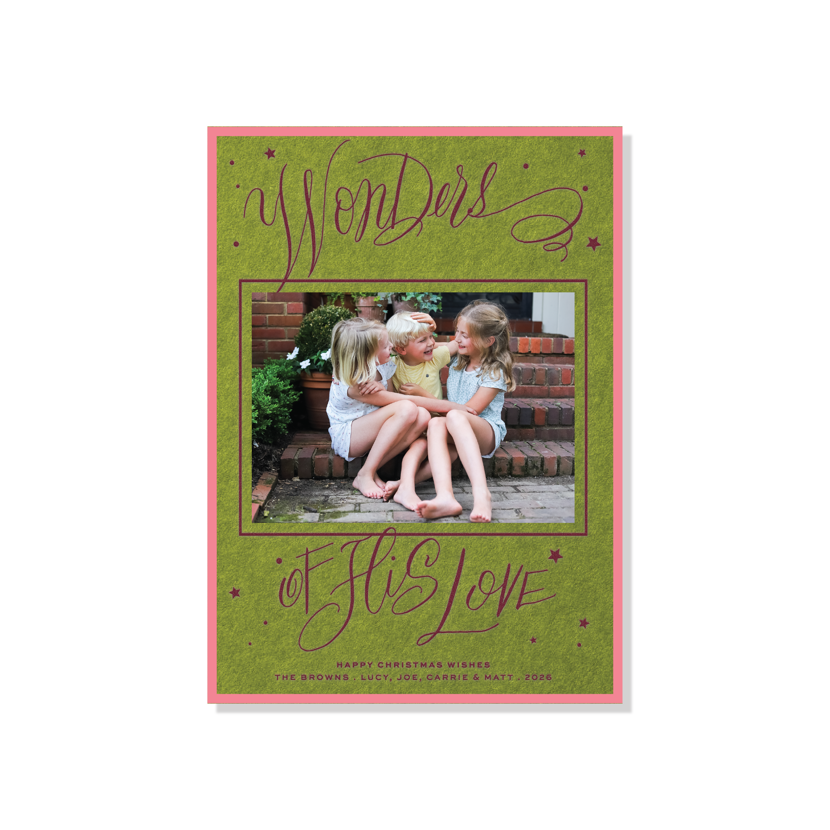 Merriweather Engraved Holiday Card featuring hand-lettered “Wonders of His Love” calligraphy around a favorite family photograph.
