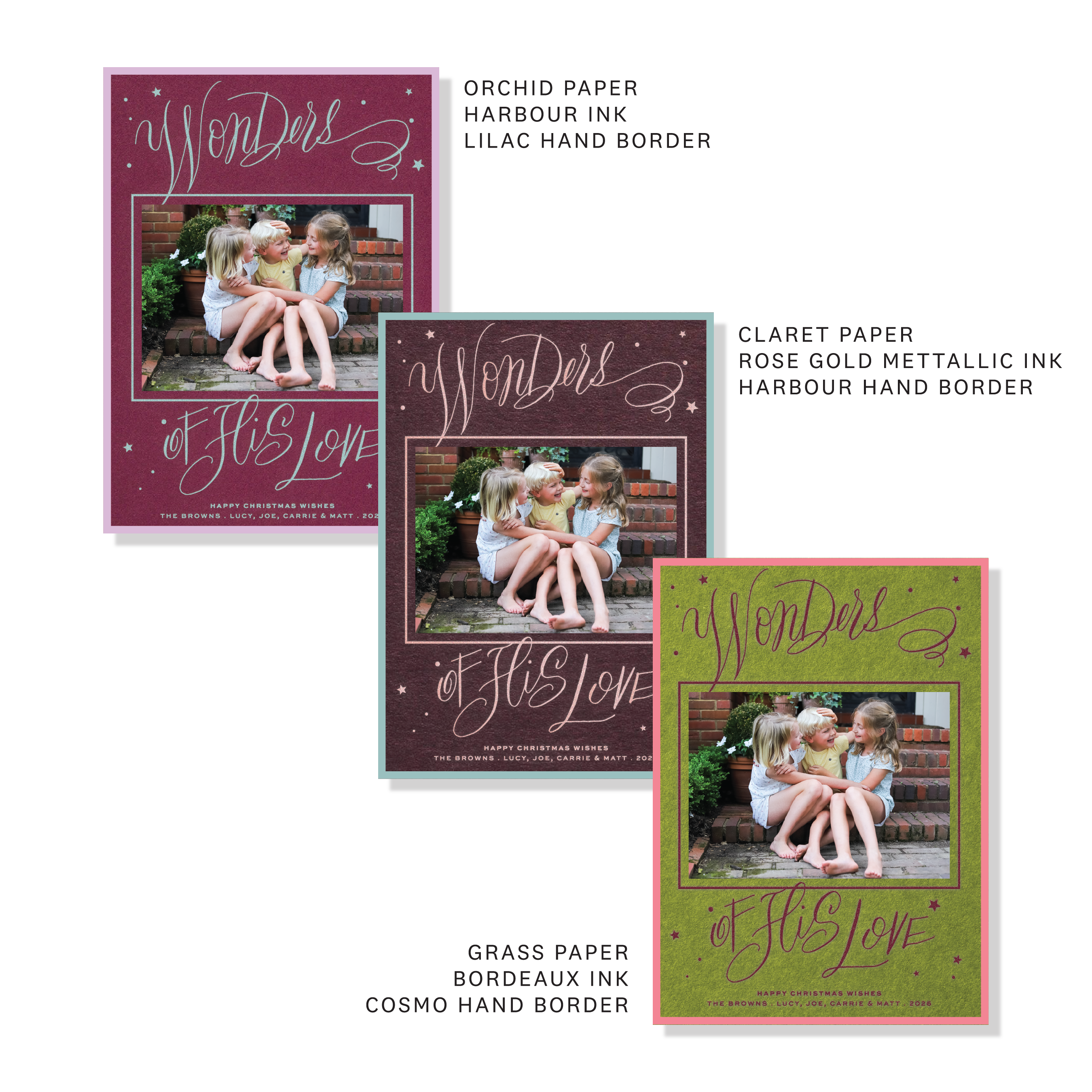 Merriweather Engraved Holiday Card featuring hand-lettered “Wonders of His Love” calligraphy around a favorite family photograph.