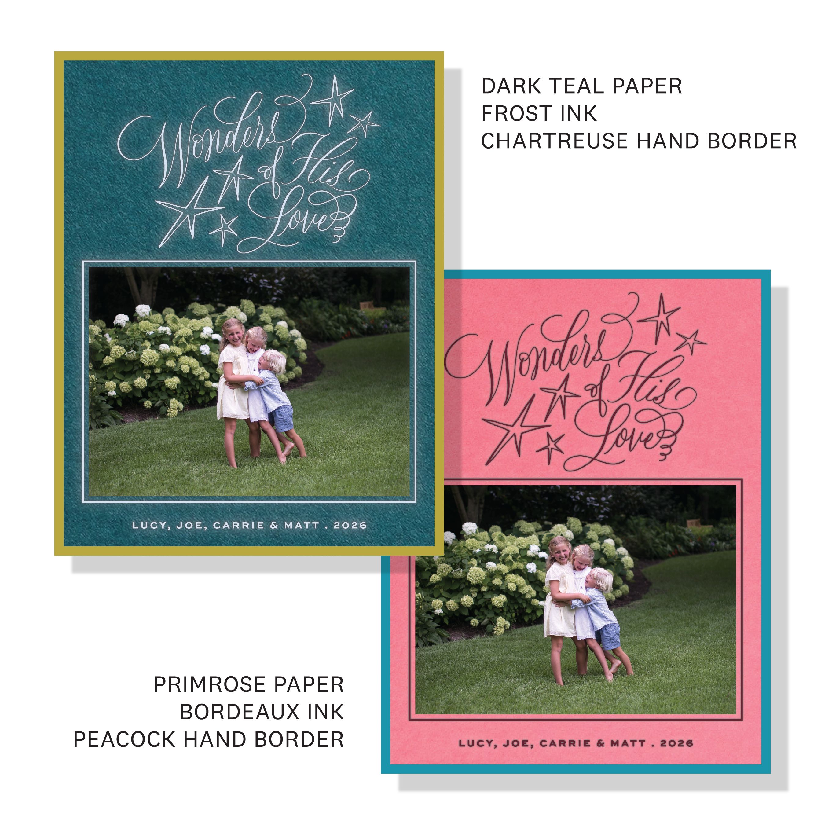 Merriweather Engraved Christmas Photo Card with a family portrait, flowing “Wonders of His Love” lettering, and traditional engraving.