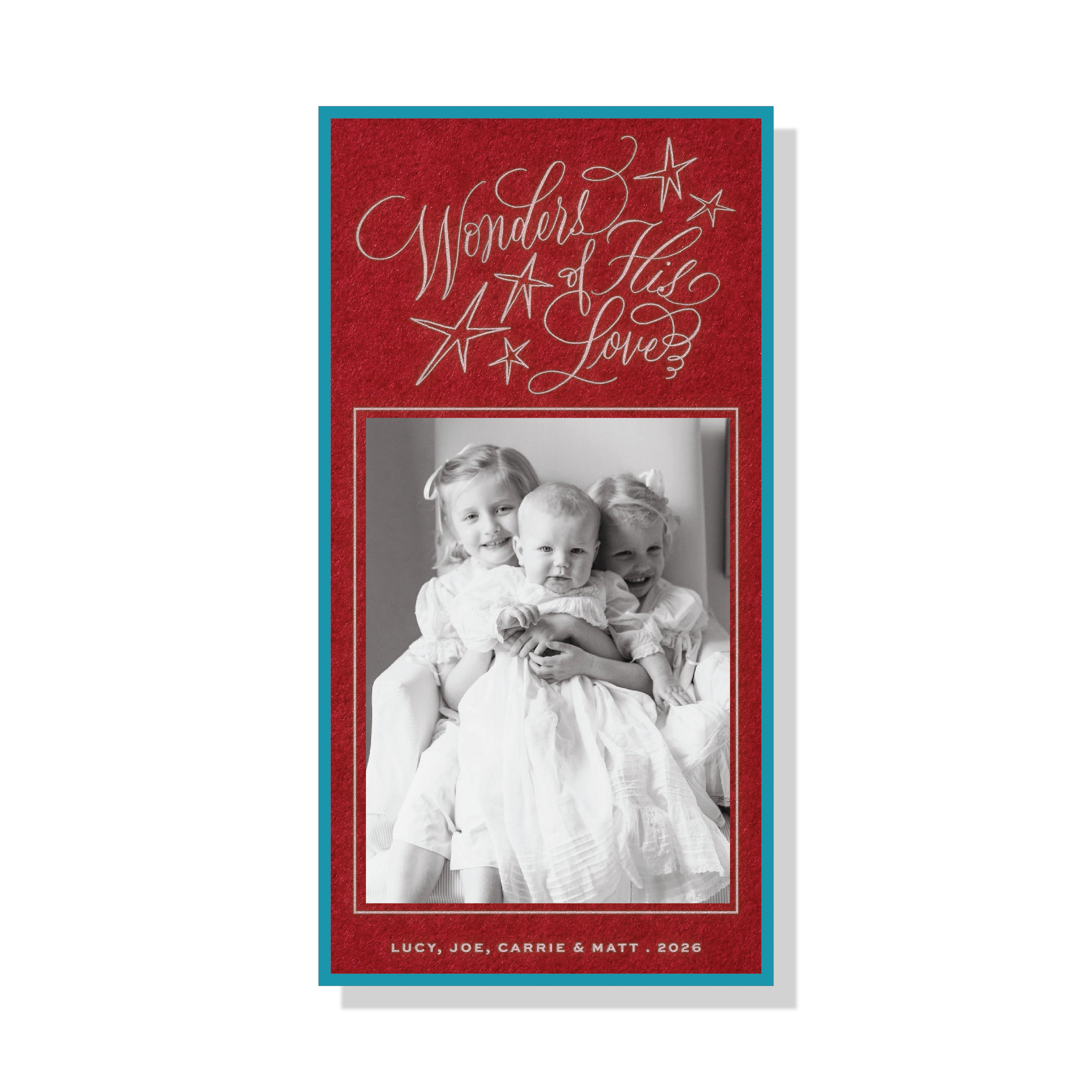 Merriweather Engraved Holiday Card featuring hand-lettered “Wonders of His Love” calligraphy above a favorite family photograph.