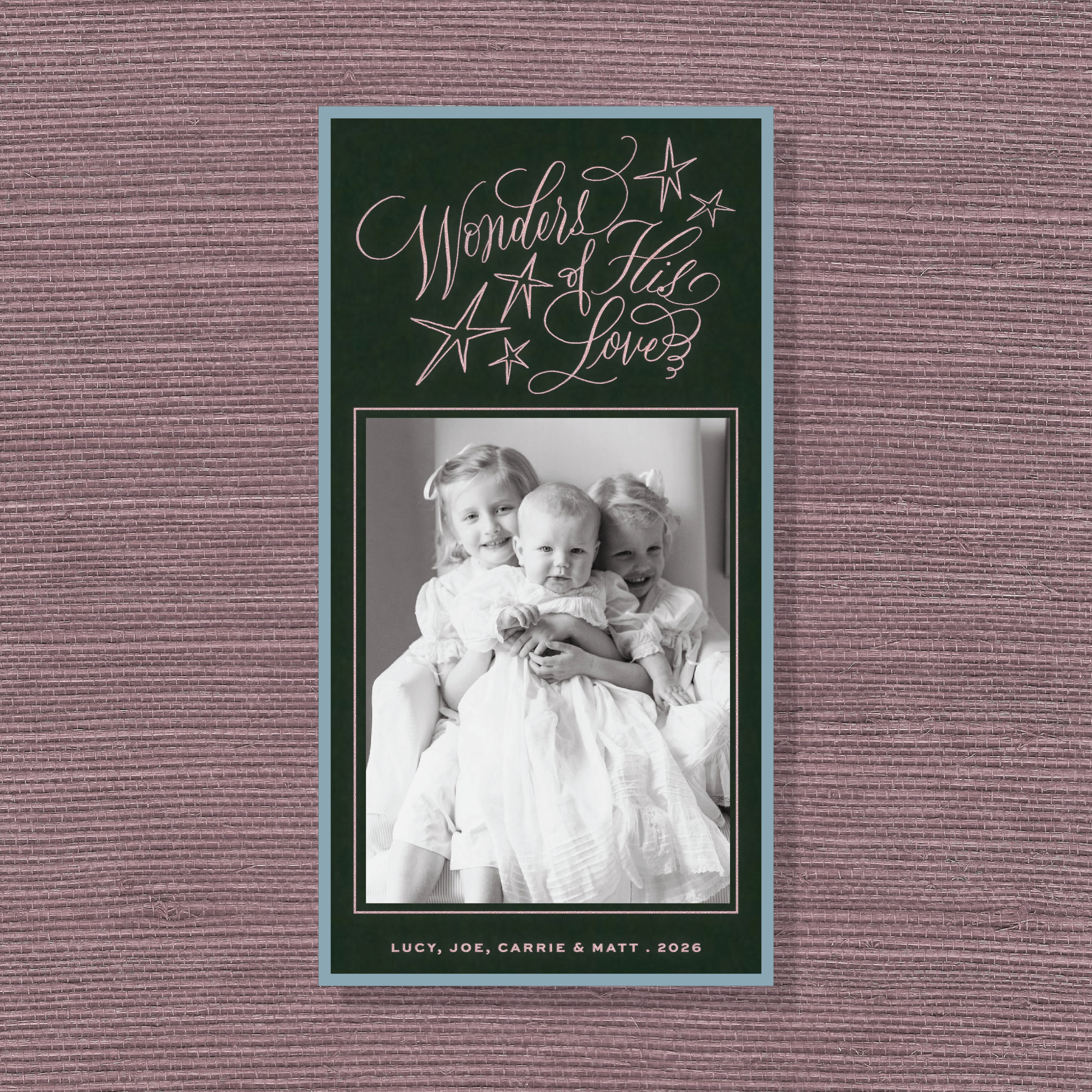 Merriweather Engraved Holiday Card featuring hand-lettered “Wonders of His Love” calligraphy above a favorite family photograph.