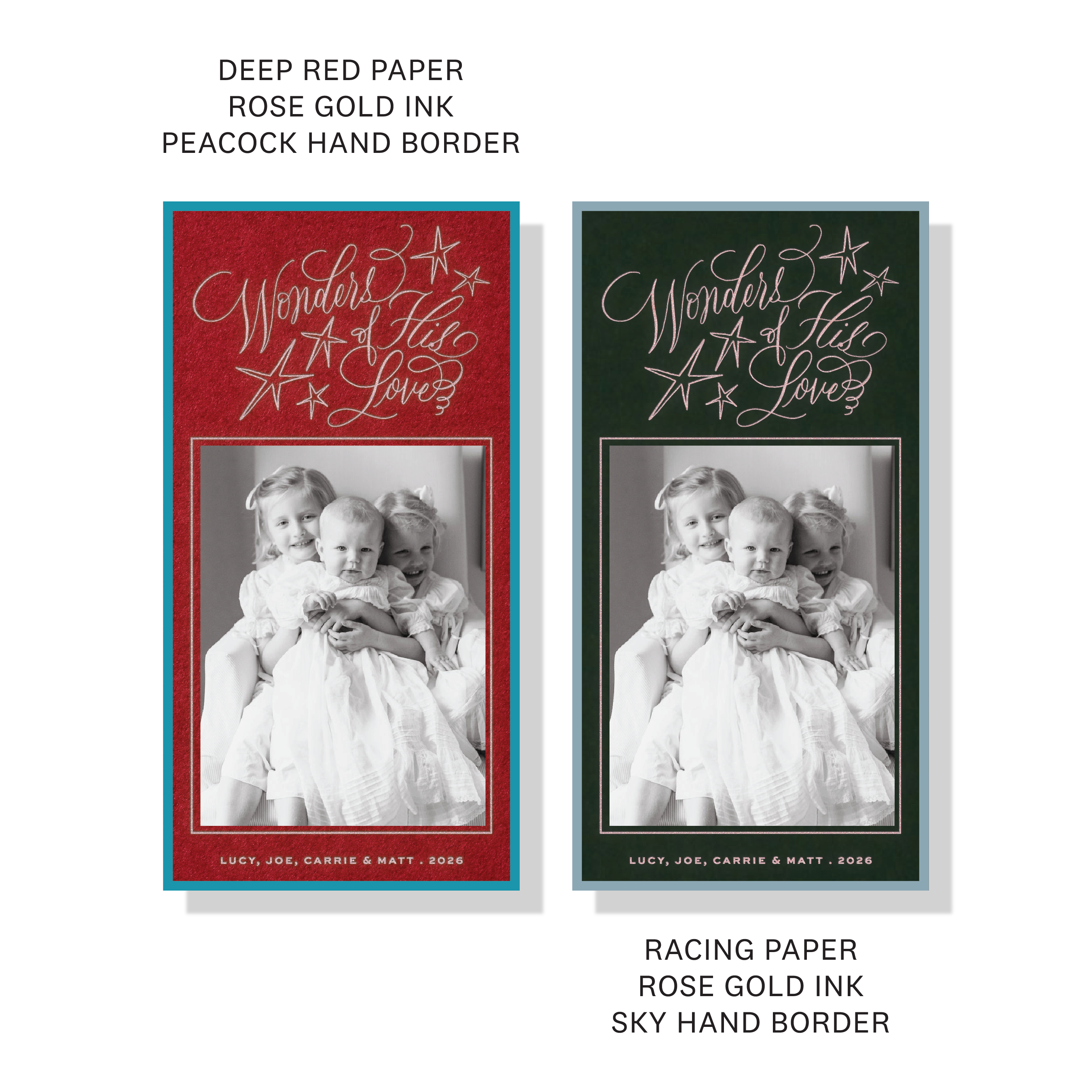 Merriweather Engraved Holiday Card featuring hand-lettered “Wonders of His Love” calligraphy above a favorite family photograph.