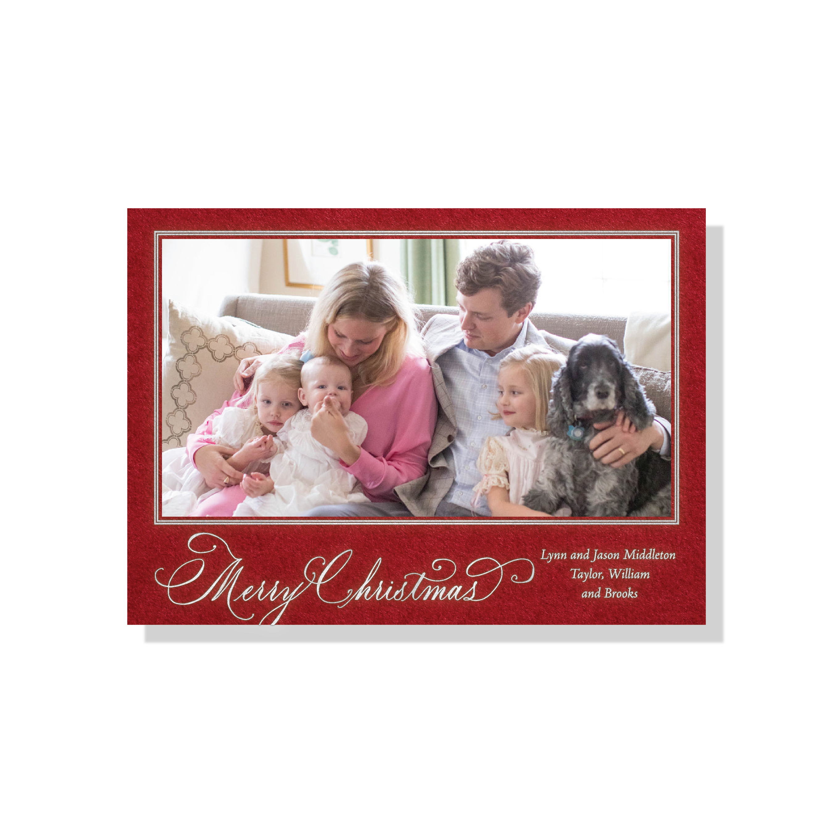 Middleton Engraved Christmas Photo Card with a family portrait, graceful “Merry Christmas” lettering, and crisp raised engraved details.