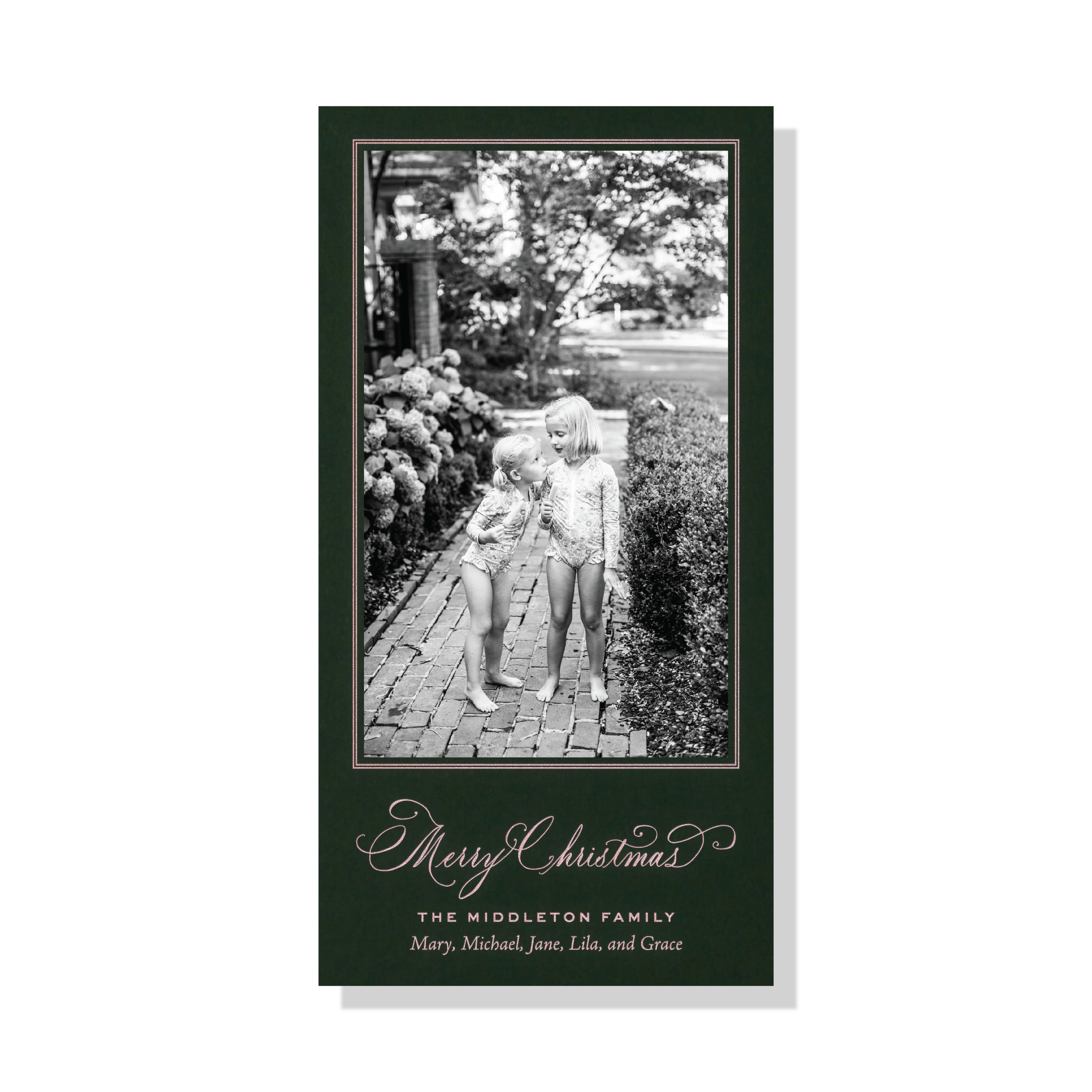 Middleton Engraved Holiday Card featuring hand-lettered “Merry Christmas” calligraphy, a favorite family photograph, and traditional engraving.