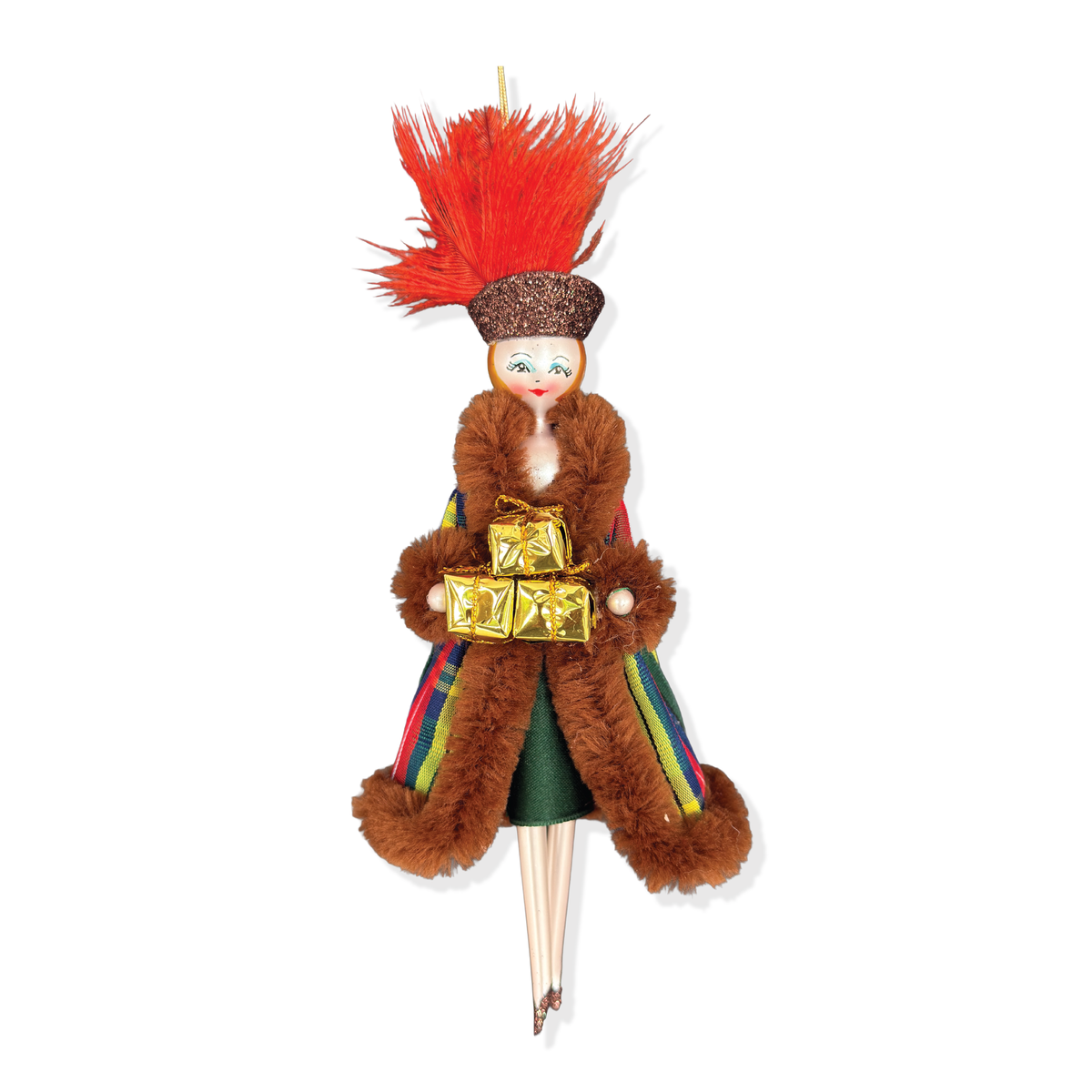 Plaid Priscilla Italian glass Christmas ornament by Soffieria De Carlini wearing a fur-trimmed plaid coat and holding three gold gifts