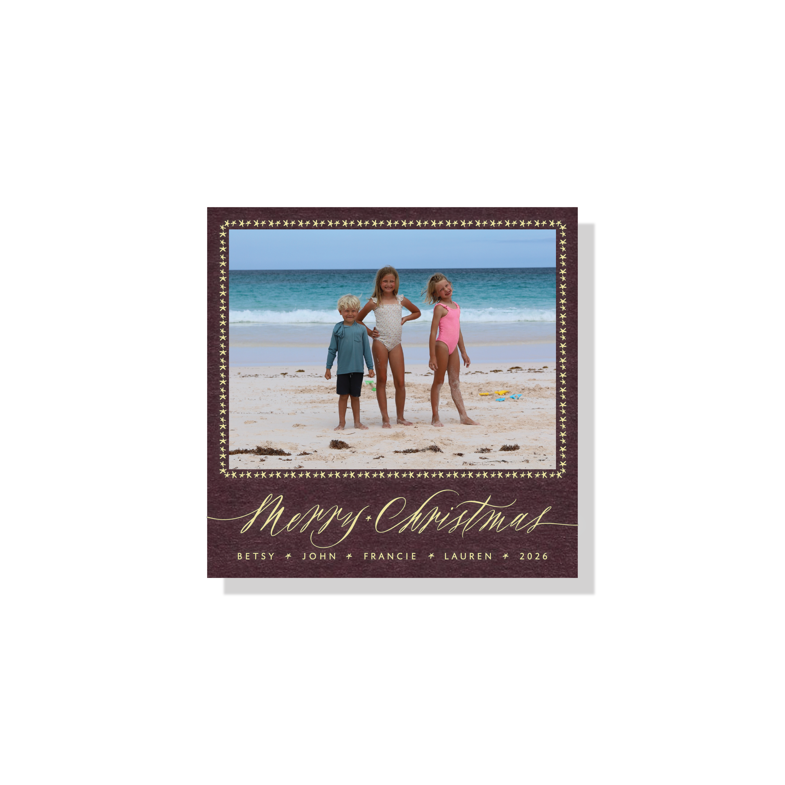 Personalized Portman Engraved Holiday Card featuring a family photograph and expressive hand-lettered “Merry Christmas” artwork.