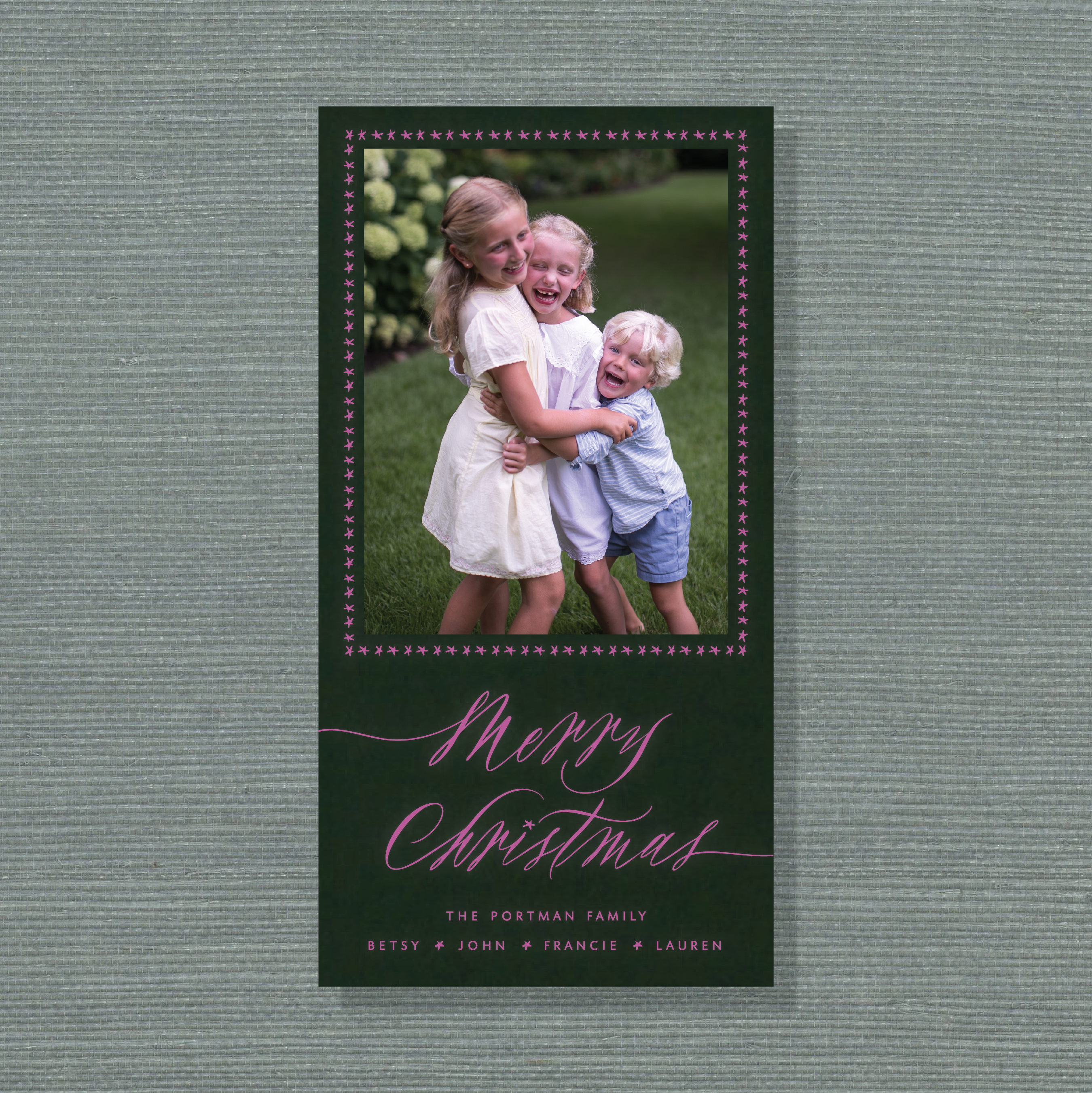 Portman Engraved Holiday Card featuring bold hand-lettered “Merry Christmas” calligraphy, a favorite family photograph, and traditional engraving.
