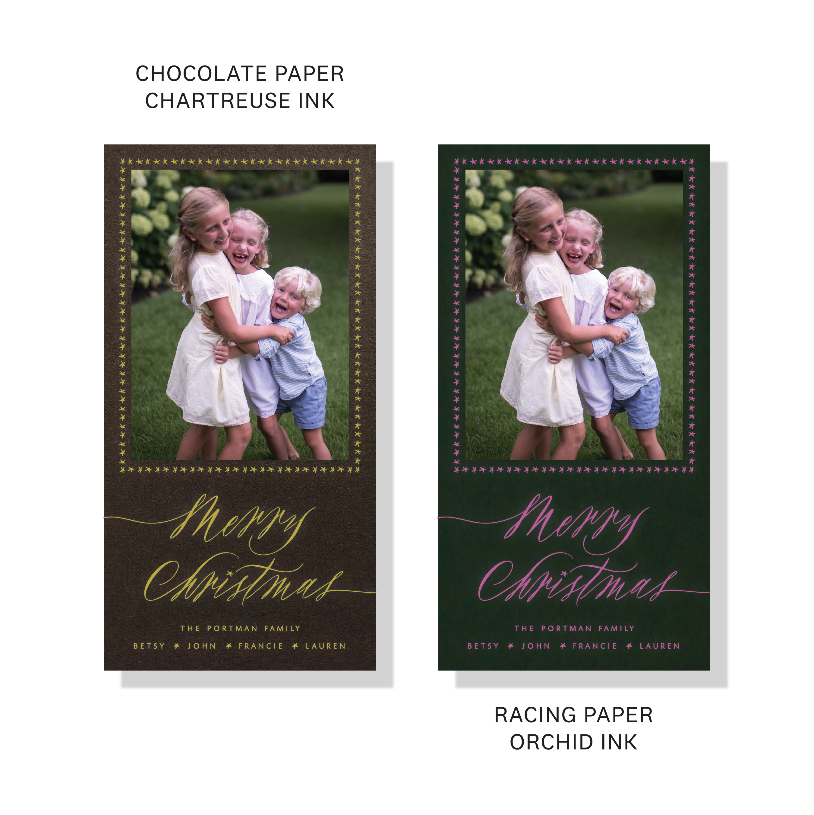 Portman Engraved Holiday Card featuring bold hand-lettered “Merry Christmas” calligraphy, a favorite family photograph, and traditional engraving.